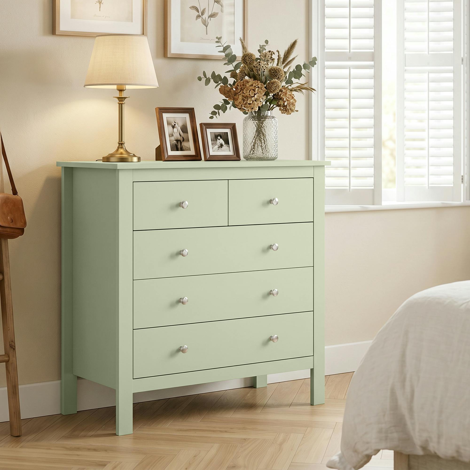 Rackhams Green Modern Dresser With 5 Drawers For Living Room, Hallway, Sage