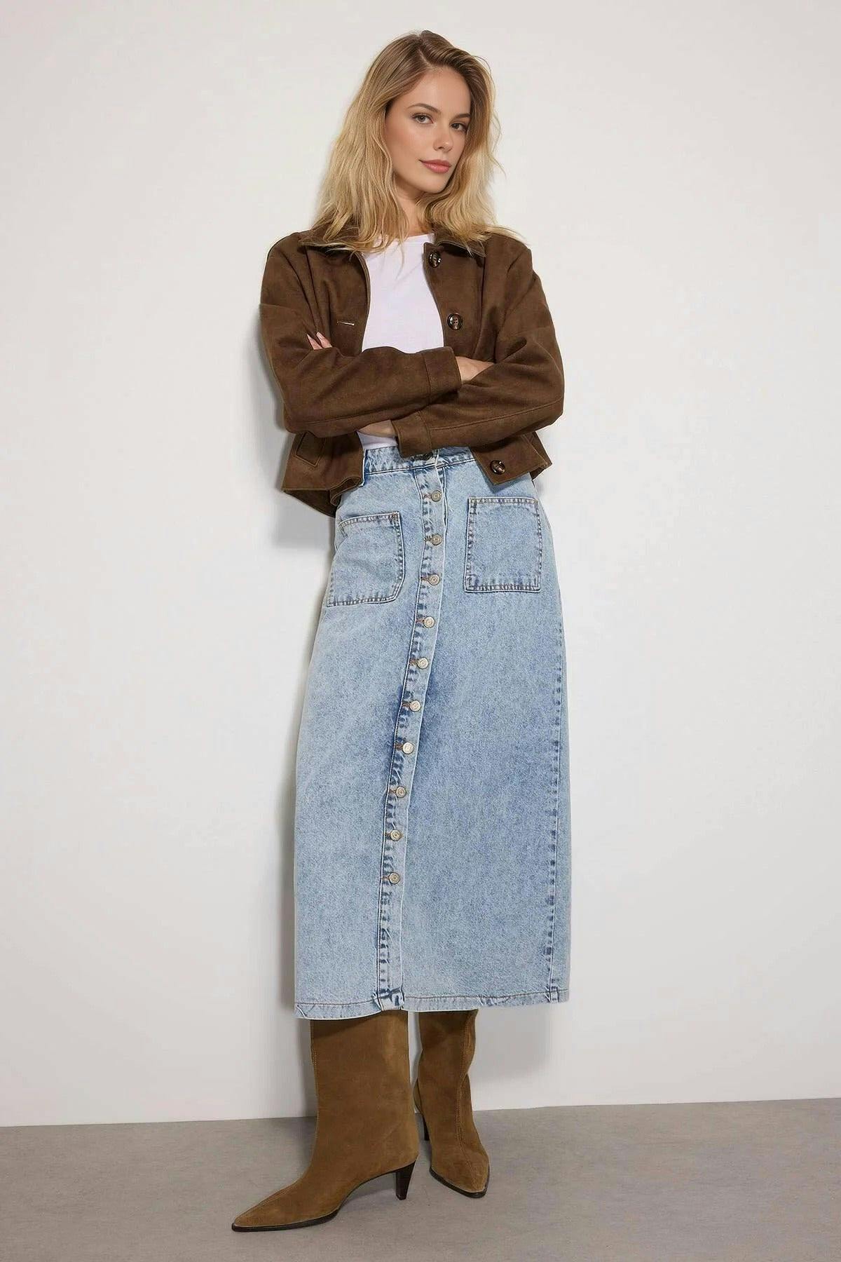 Wovcor Blue Double Pocket High Waist Maxi Denim Skirt With Button Detail - 14