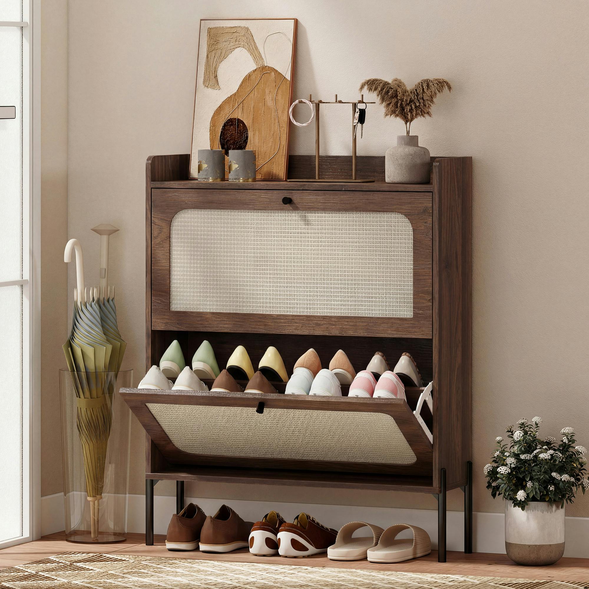 Homcom Dark/Brown Boho Narrow Shoe Cabinet, Shoe Rack With 2 Flip Drawers
