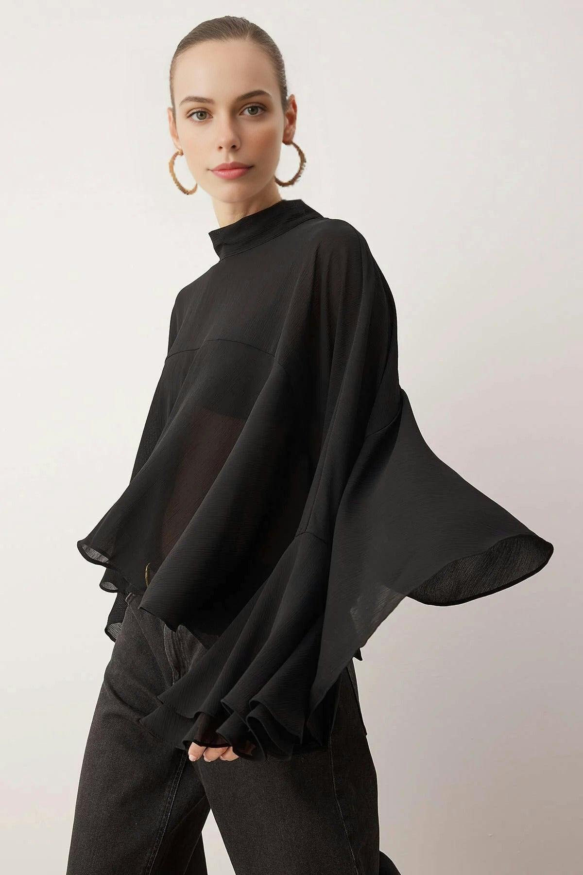 Wovcor Black Unlined Boho Woven Blouse With Ruffles - L