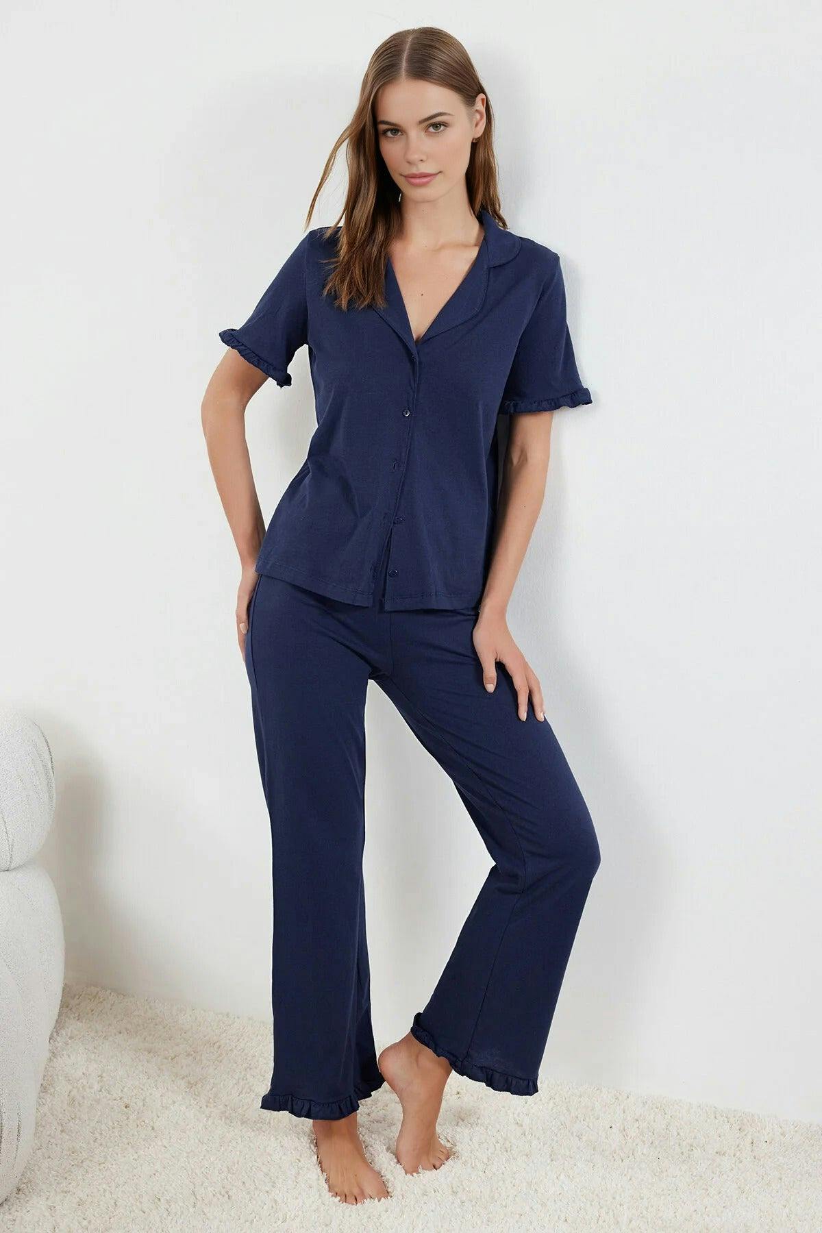 Wovcor 2-Piece 100% Cotton Ruffle Detail Knitted Pajama Set - Navy - Xl