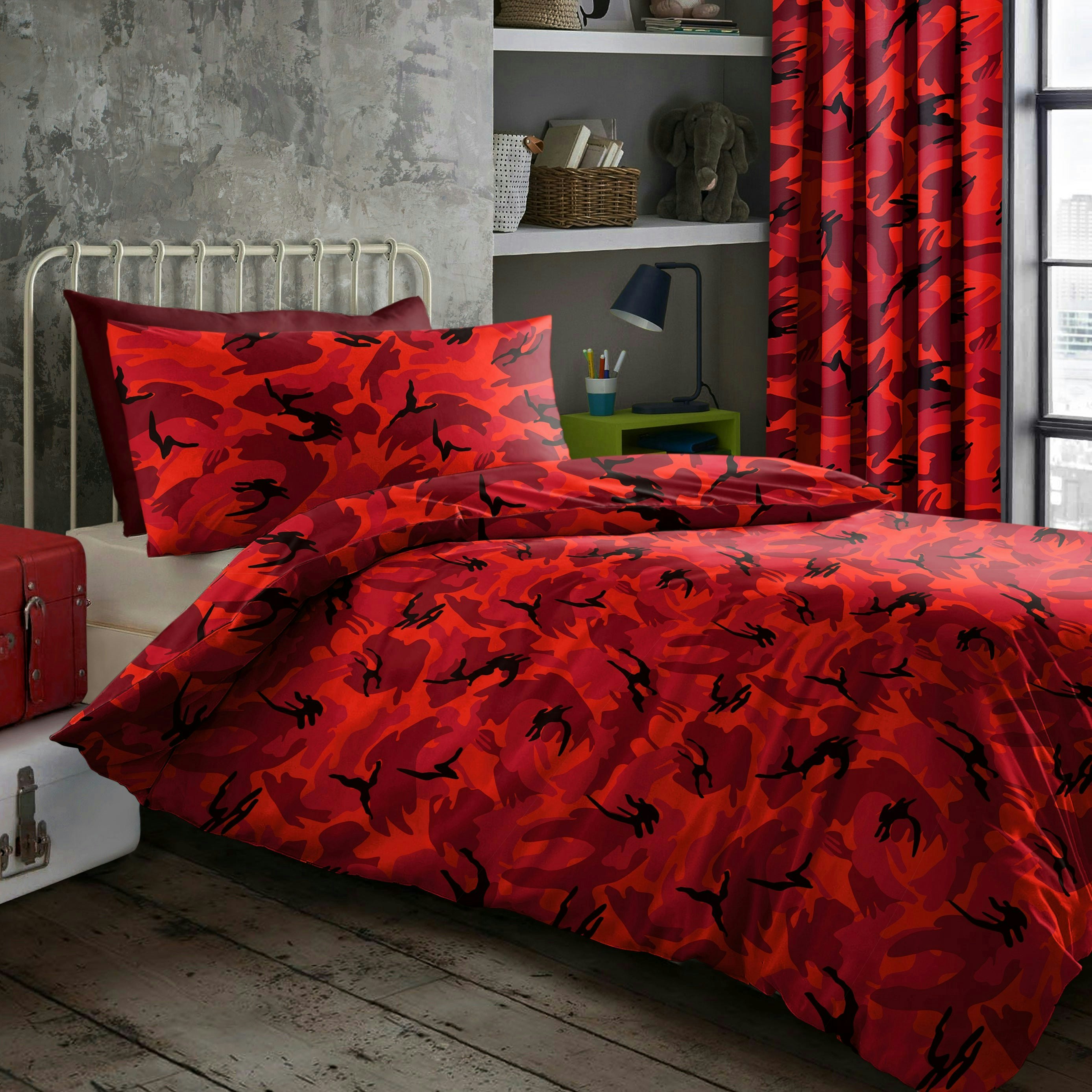 Rackhams Red Camouflage Printed Cotton Blend Duvet Cover And Pillowcase Set - Single