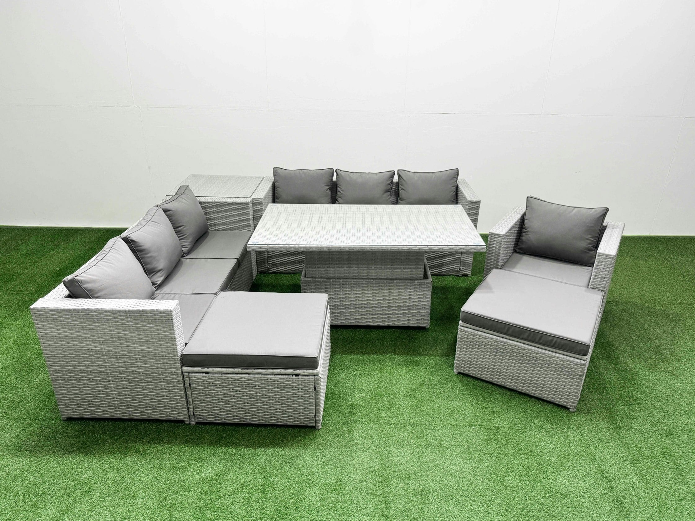 Fimous Light/Grey 7 Pcs Rising Dining Table Set Rattan Furniture Set With 3 Seater Sofa Chair 2 Big Footstool Side Table