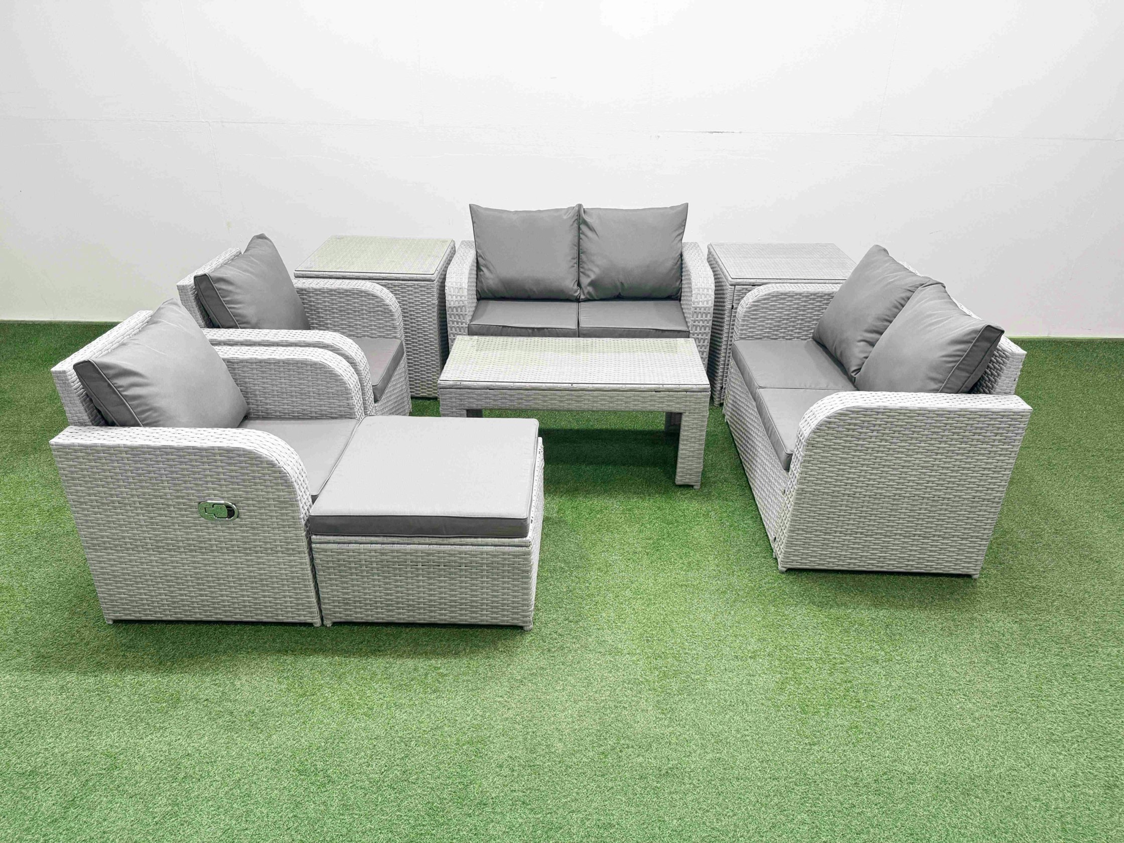 Fimous Light/Grey 7 Seater Outdoor Reclining Chair Love Sofa Set Rattan Garden Furniture Set With Oblong Coffee Table Footstool 2 Side Tables