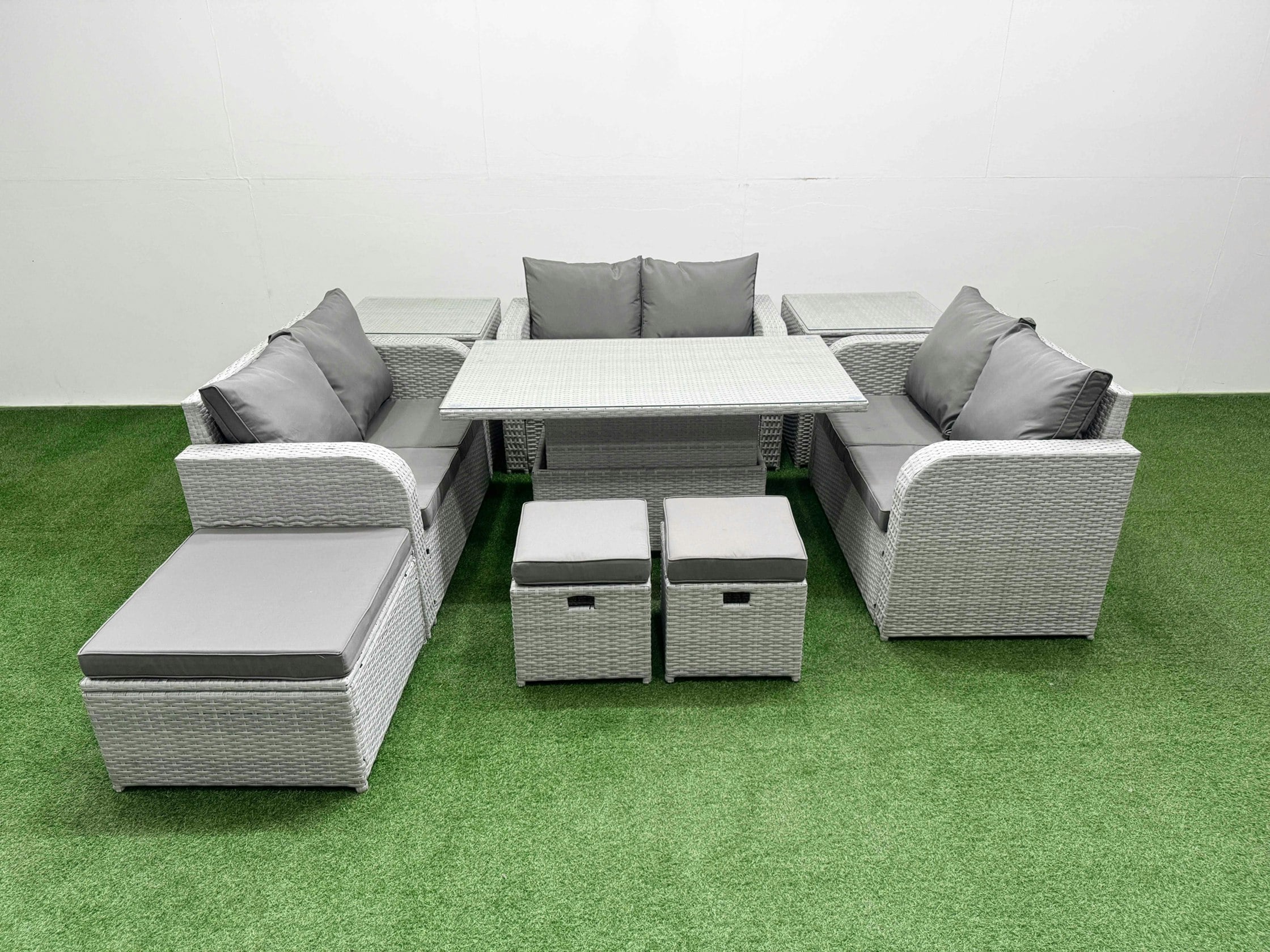 Rackhams Light/Grey 9 Seater Pe Wicker Rattan Sofa Set - Adjustable Lifting Dining/Coffee Table, 2-Seater Love Sofa & 3 Stools