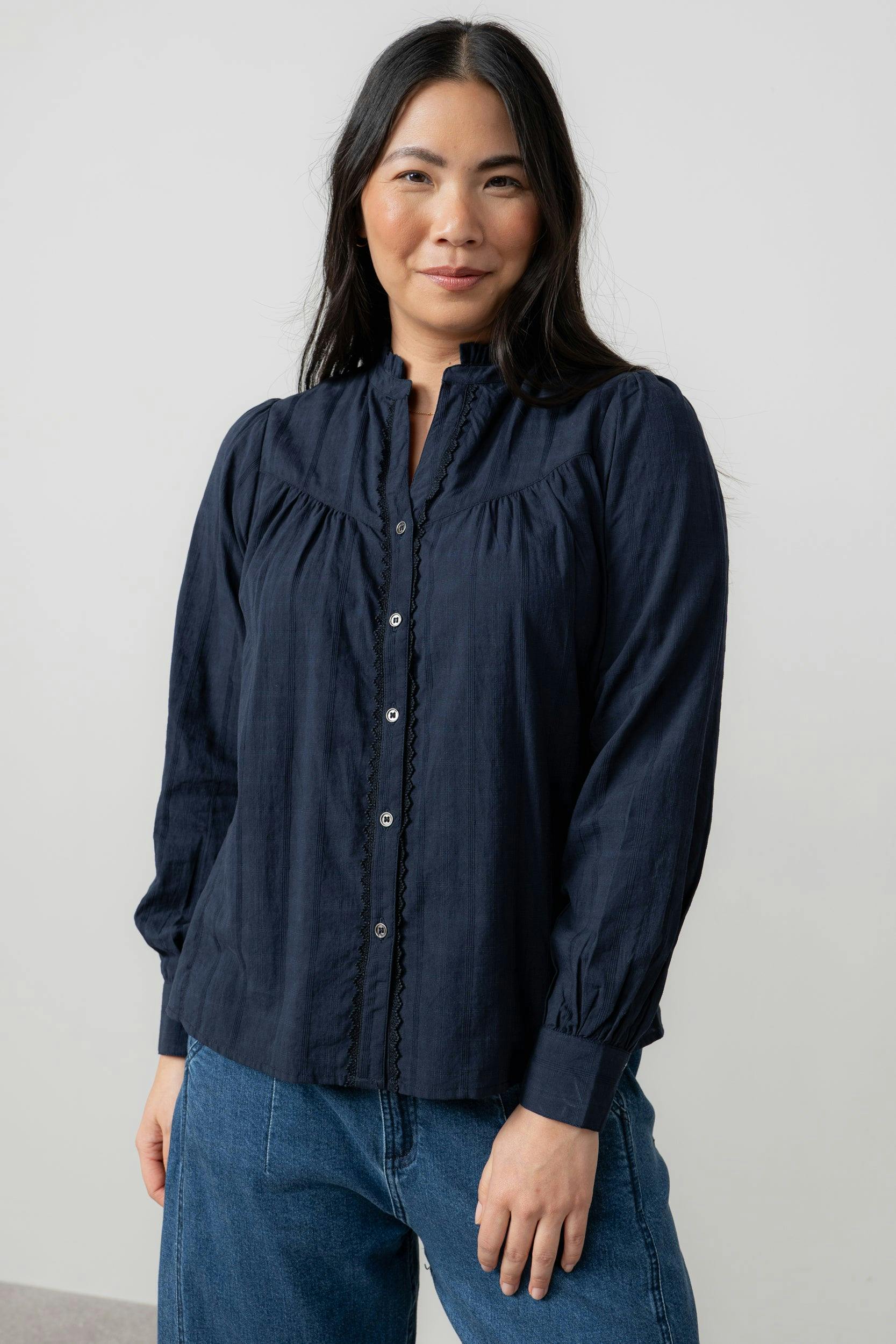 Lily & Me Wayfaring Cotton Check Blouse Navy - 16 - Navy