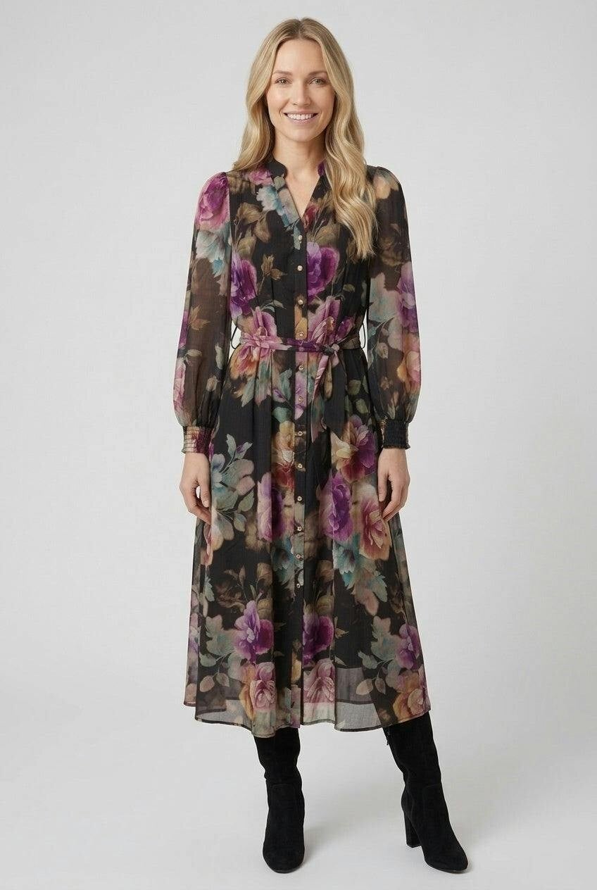 Izabel London Black Floral Long Sleeve Tie Waist Maxi Dress - 14