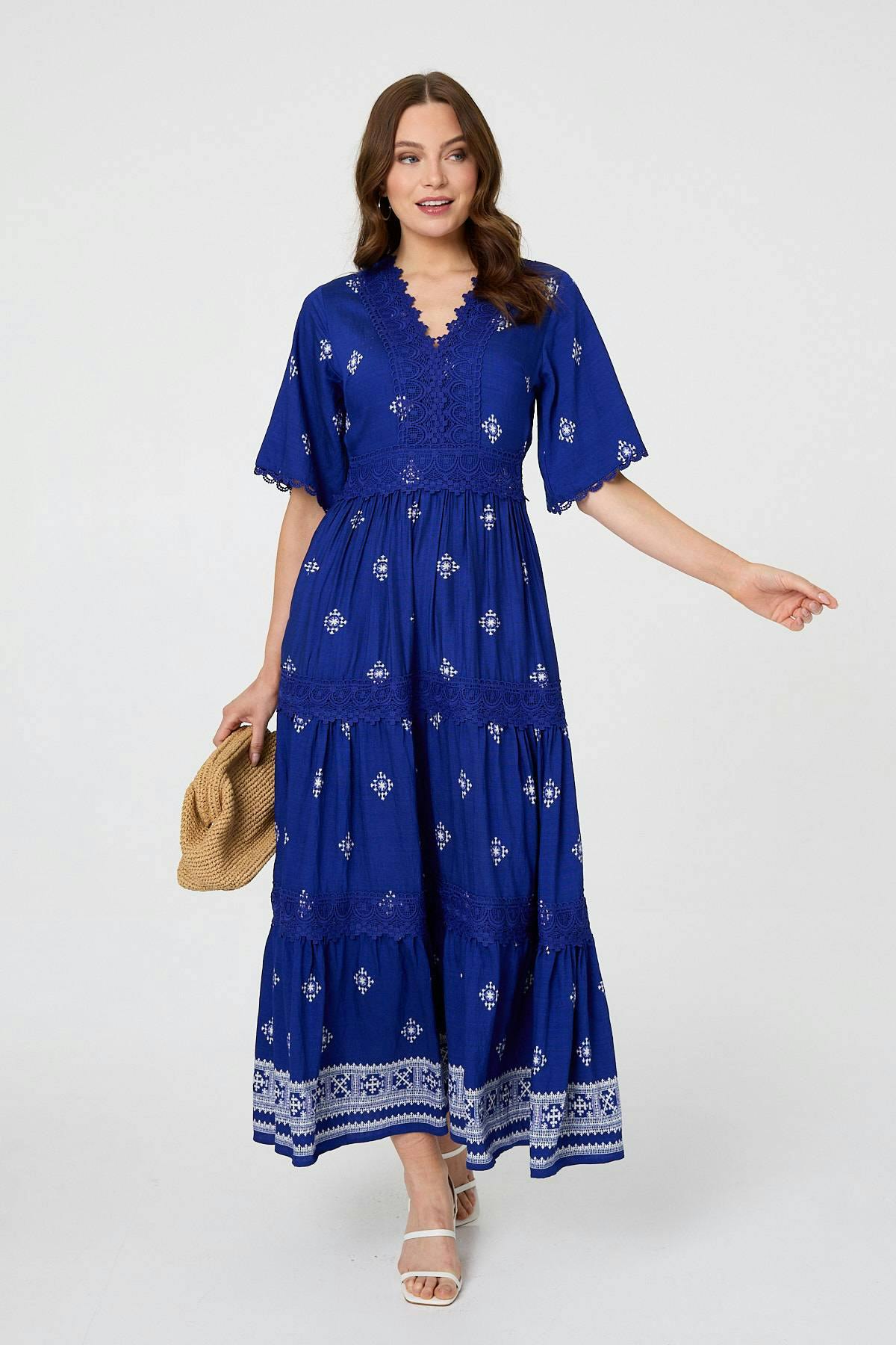 Izabel London Black Border Print 1/2 Sleeve Maxi Dress - 14