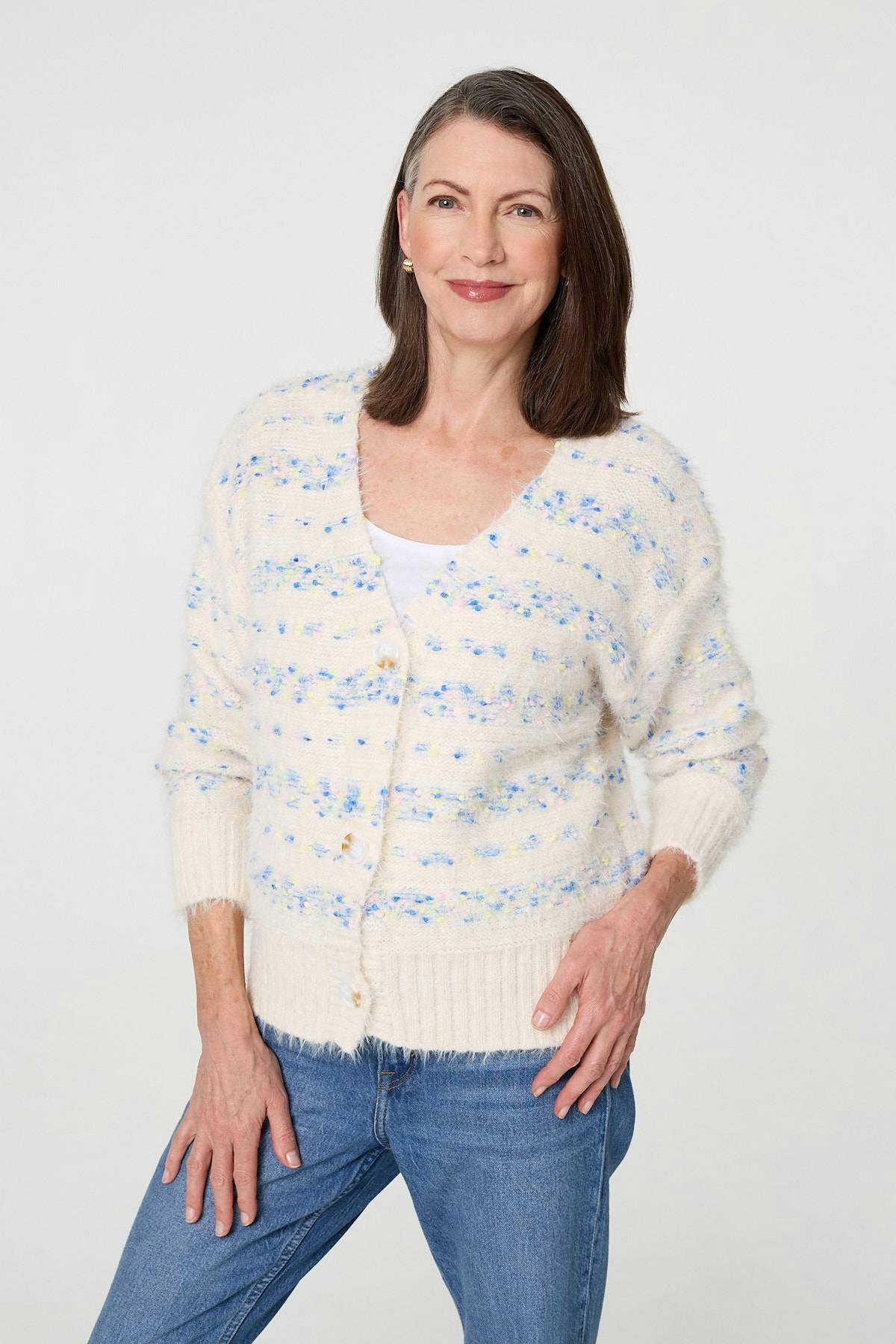 Izabel London Blue Printed Textured Knit Cardigan - M/L