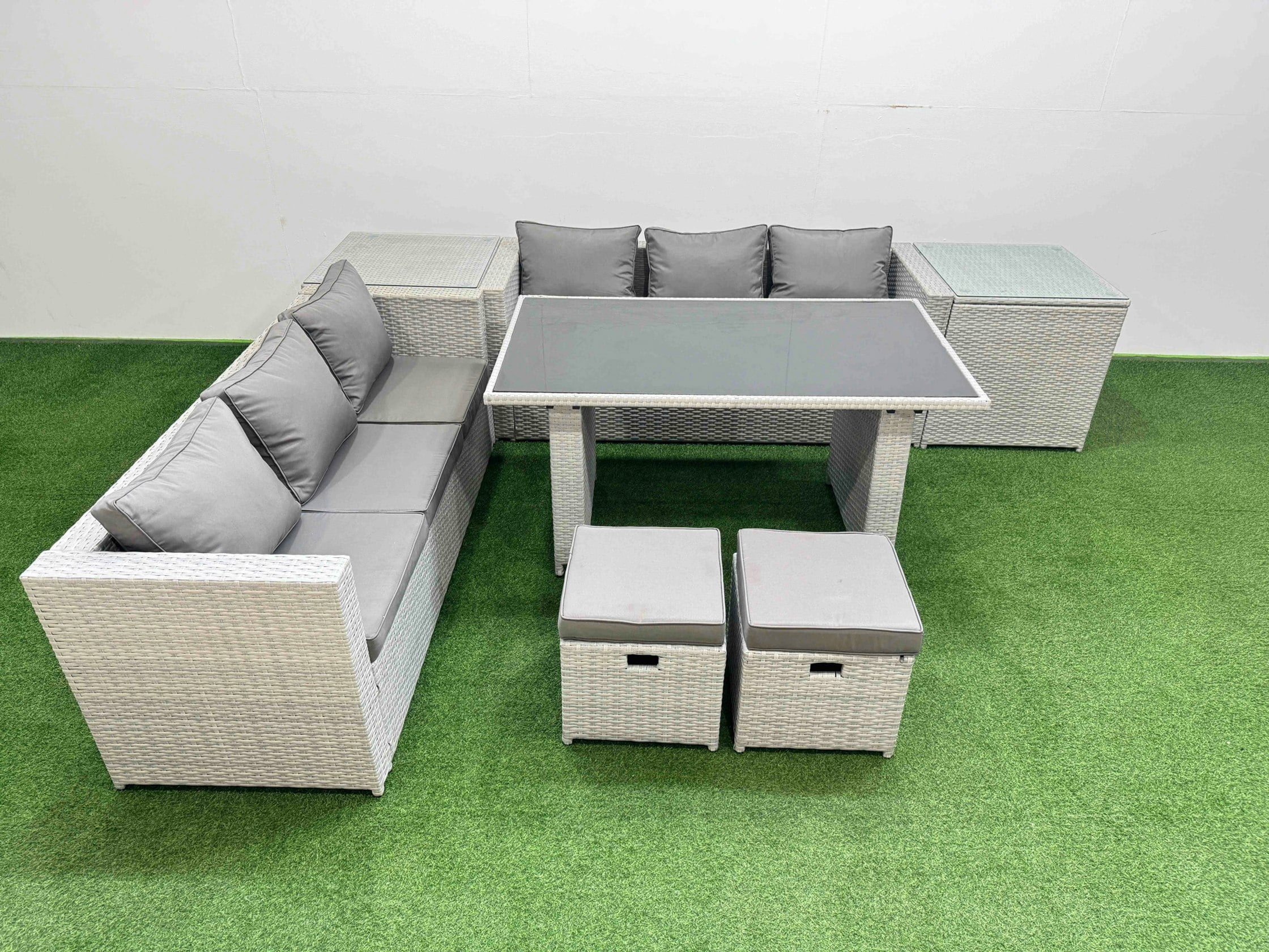 Rackhams Light/Grey Rattan Garden Furniture Dining Set 8 Seater Patio Rectangular Table Sofa Set With 2 Side Tables 2 Small Stools