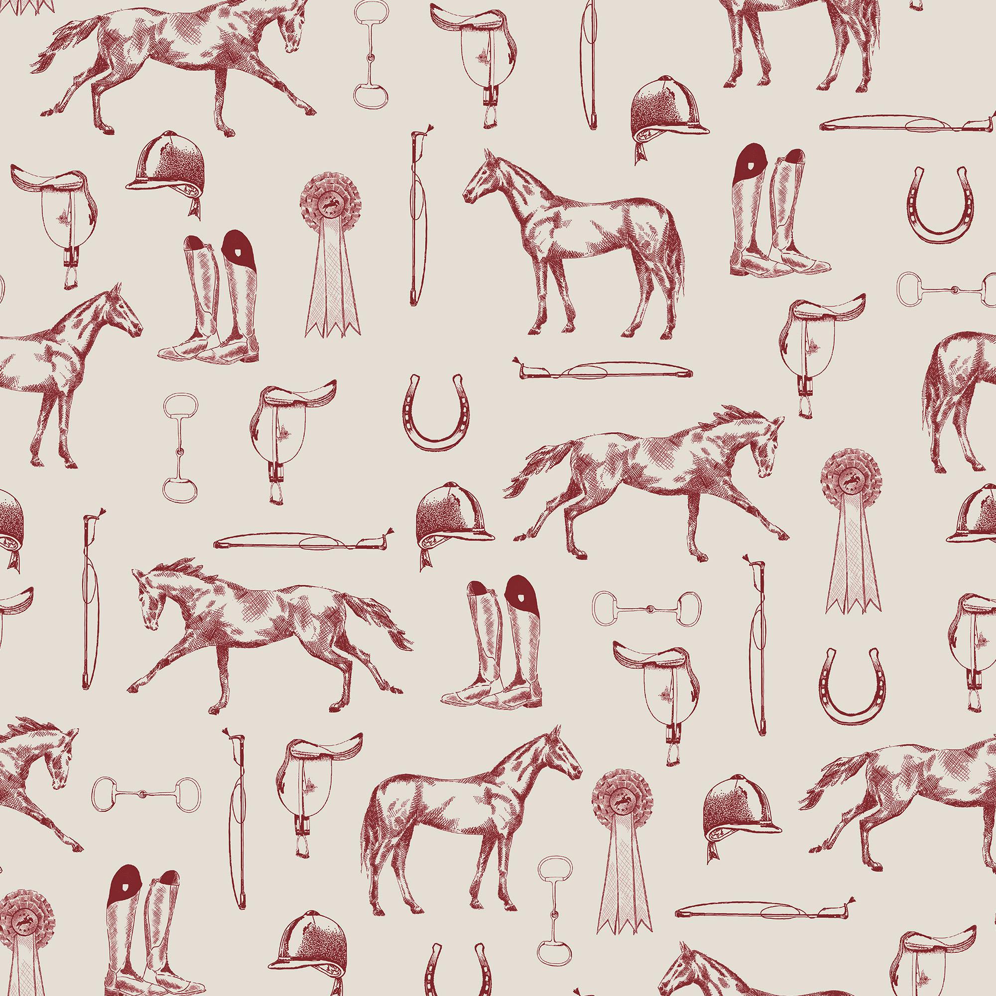 Rackhams Cream/Burgundy Joules Sketched Equestrian Wallpaper |