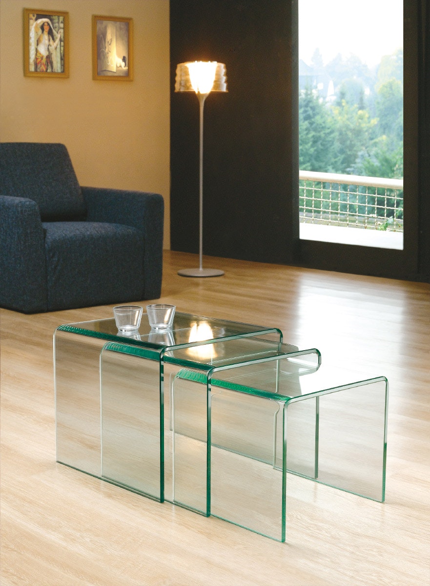 That's Furniture Milan Curved Glass Nest Of 3 Side Tables For Living Room - Clear