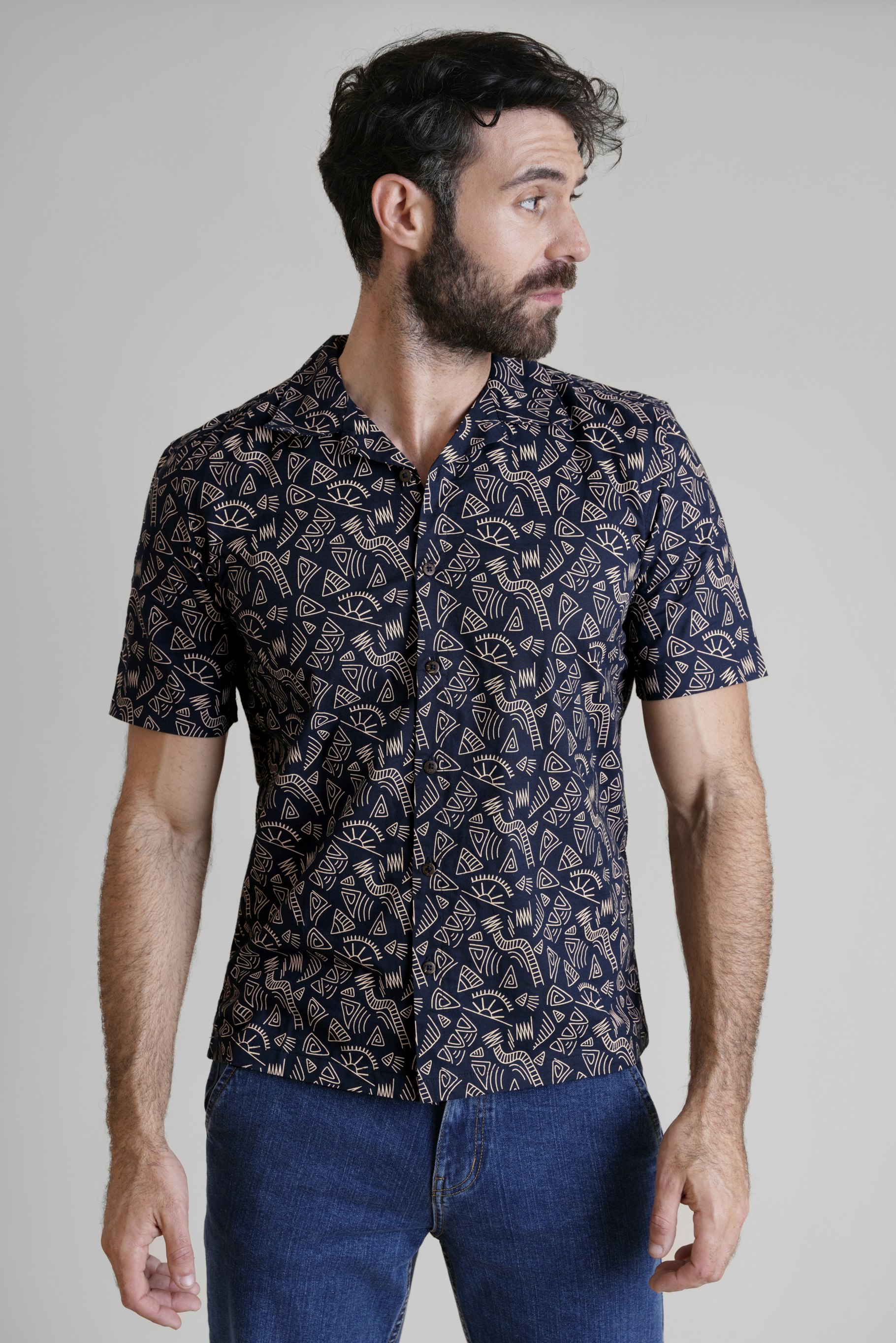 Enorsia Pencilled Revere Collar Short Sleeve Shirt - Xxl - Navy - 100% Cotton