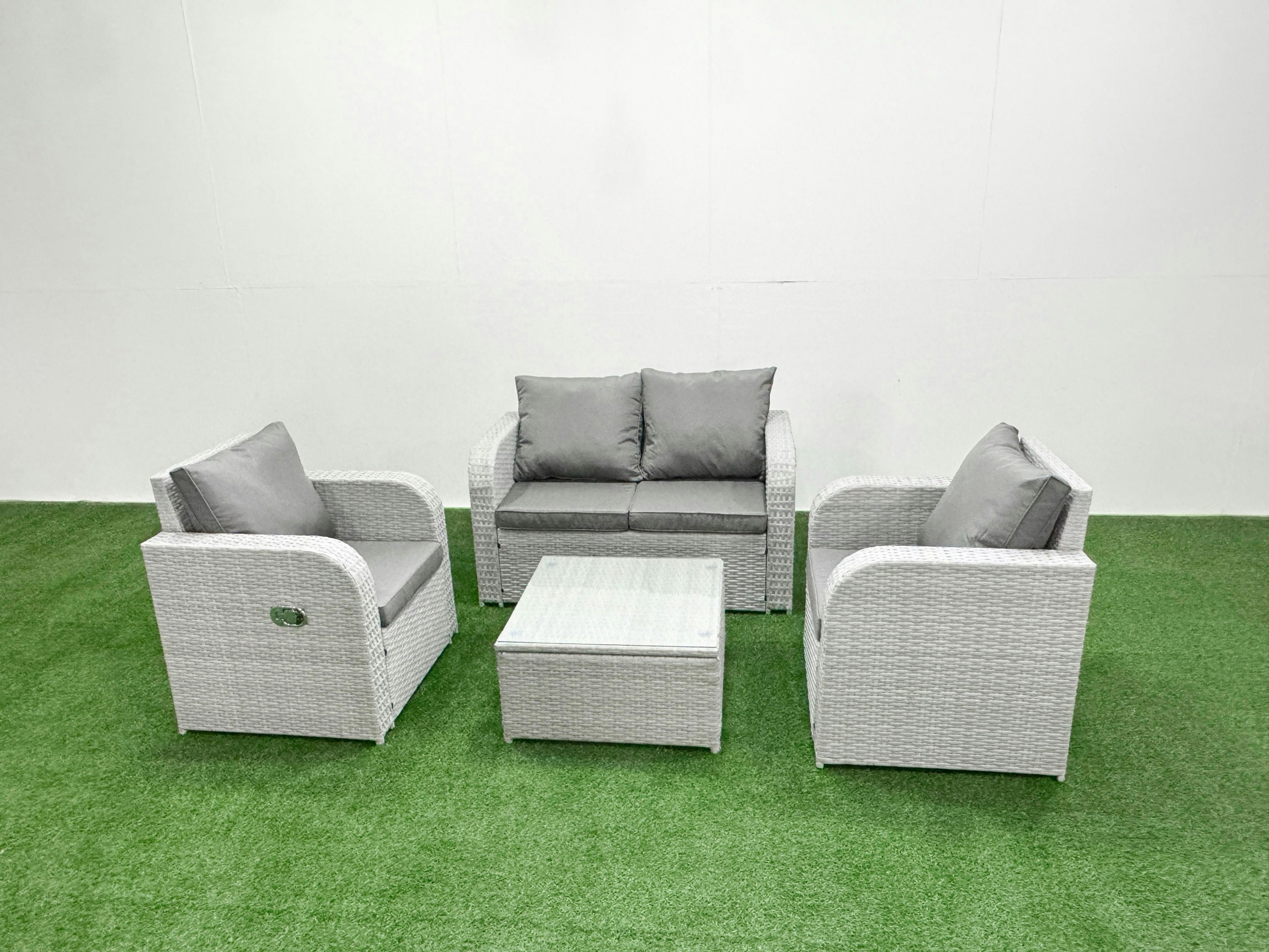 Rackhams Light/Grey Pe Wicker Rattan Garden Furniture Set Sofa Set Reclining Adjustable Chair Square Coffee Table 4 Seater
