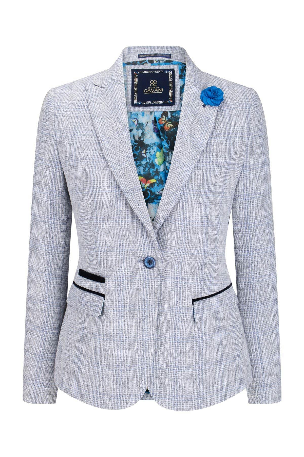 House Of Cavani Women's Blue Check Blazer Wool Blend Herringbone Tweed - Uk M/12 | Eu 38 | Us 8