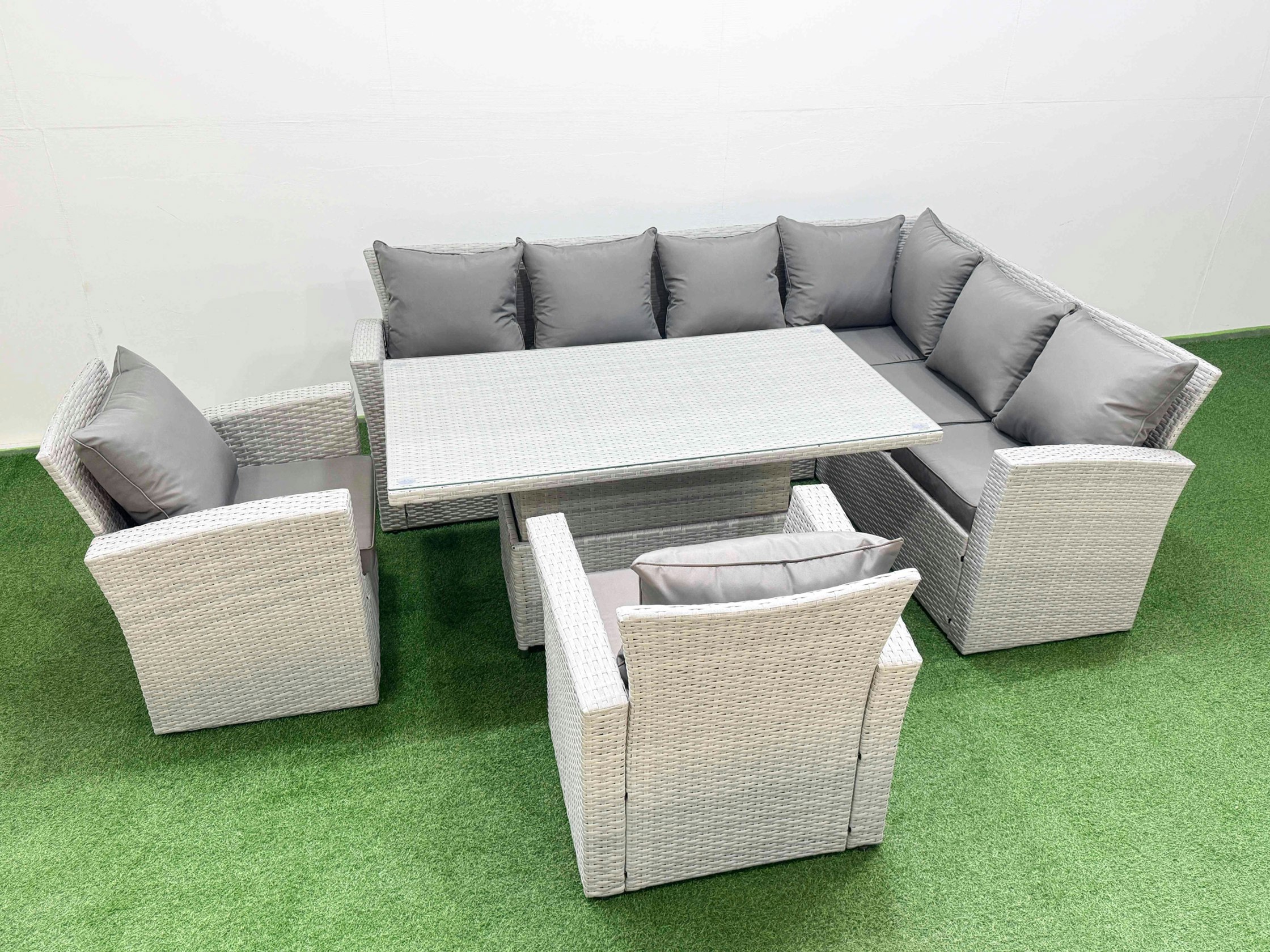 Rackhams Light/Grey 8 Seat Rattan Garden Furniture Corner Sofa Set Outdoor Adjustable Lifting Dining Or Coffee Table Set With 2 Armchairs