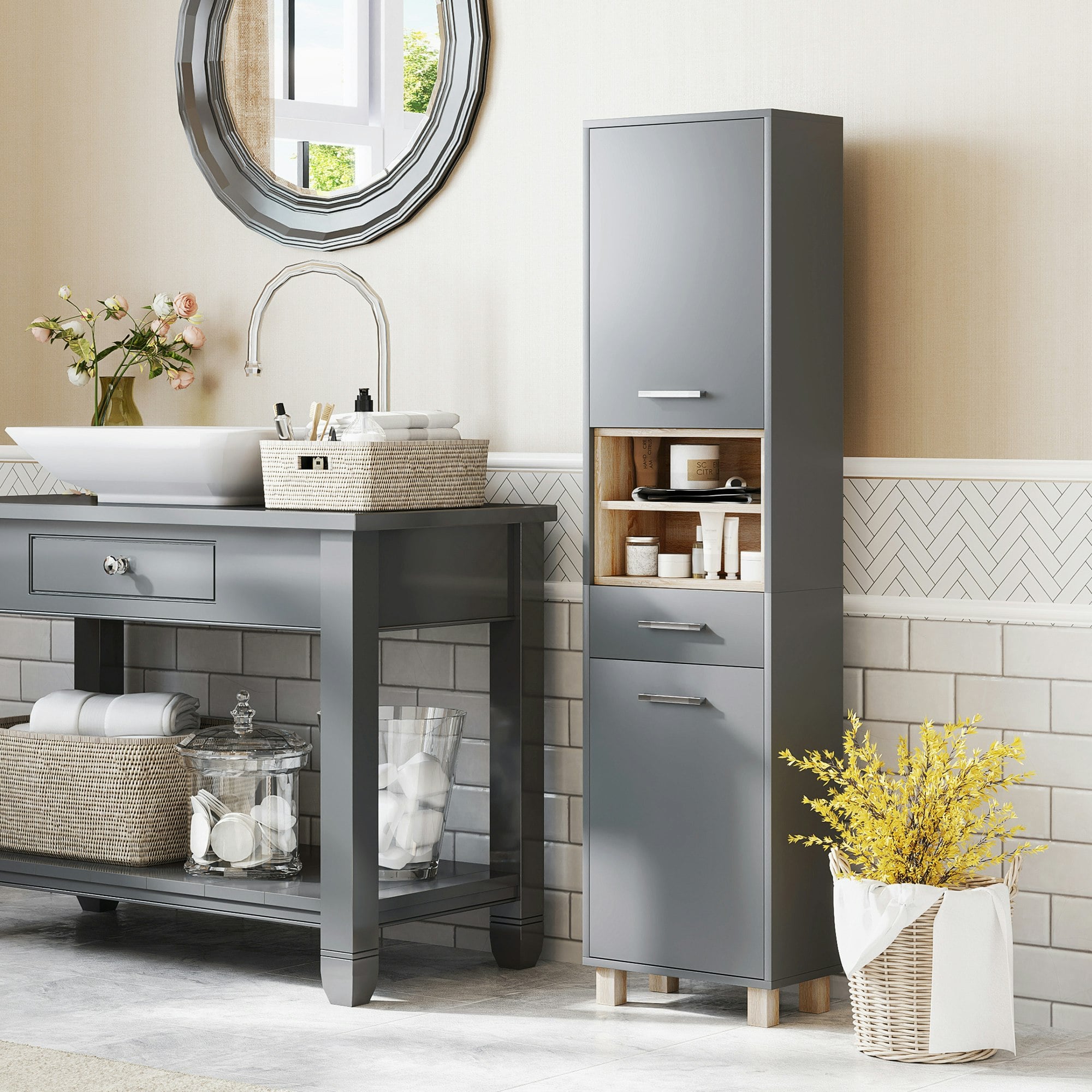 Rackhams Grey/Grain Bathroom Storage Unit With Open Shelves And Drawer