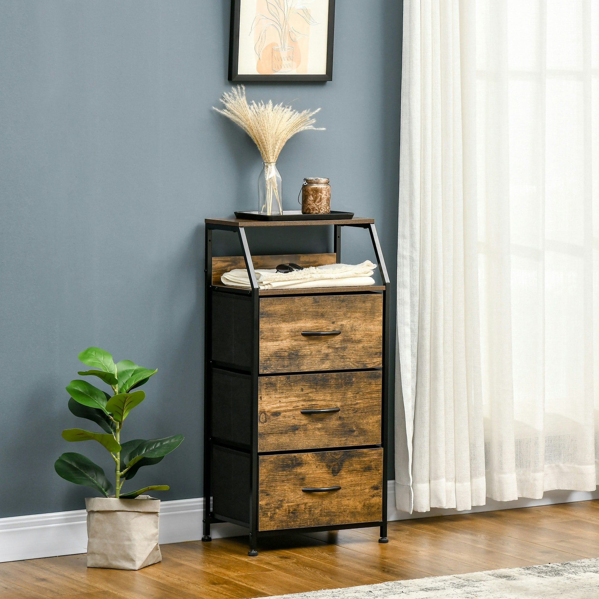 Rackhams Brown Industrial 3 Drawers Storage Cabinet W/ Display Shelves For Living Room - Rustic - 3