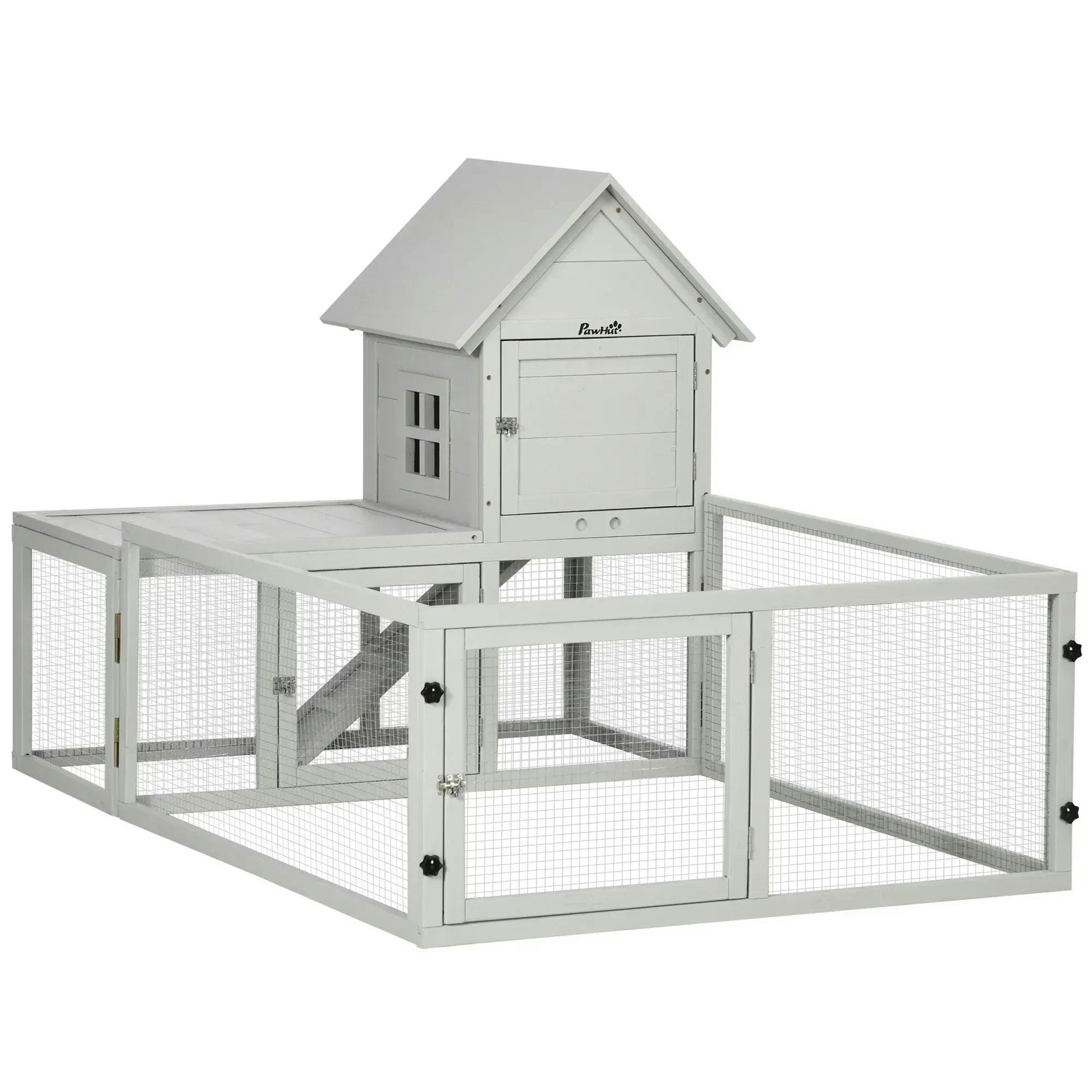 Pawhut Rabbit Hutch, Guinea Pig Cage With Run & Tray, Indoor Use, Light Grey - Image 8
