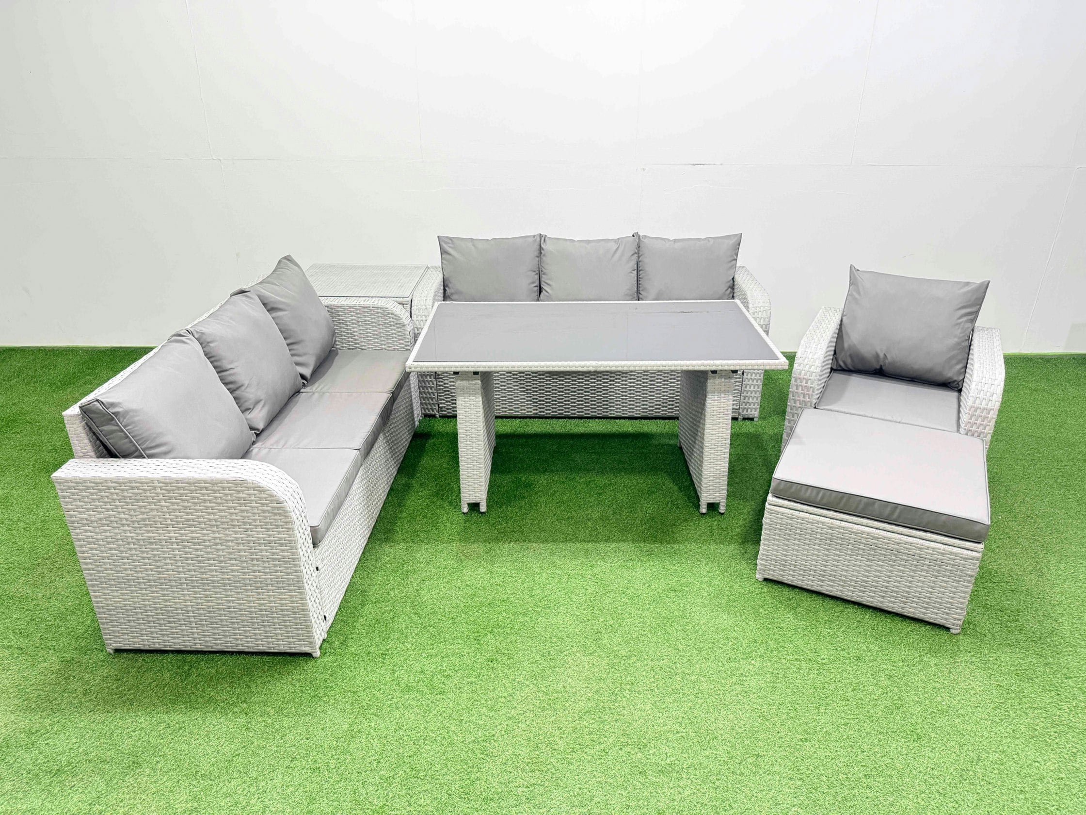 Rackhams Light/Grey Rattan Garden Furniture Dining Set 8 Seater Patio Rectangular Table Sofa Set With Side Table Big Stool