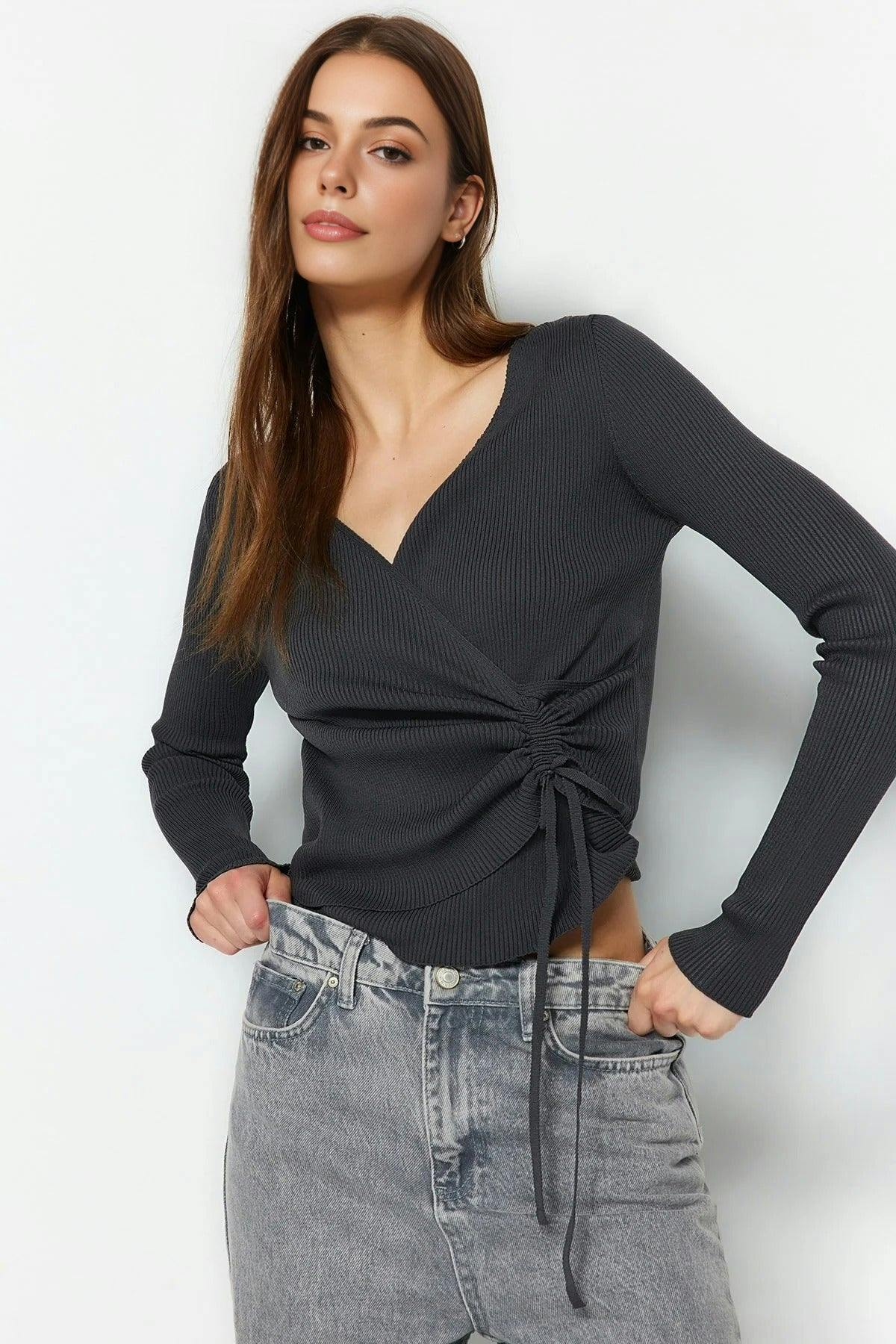Wovcor Grey Double-Breasted Knit Sweater With Gathering Detail - S