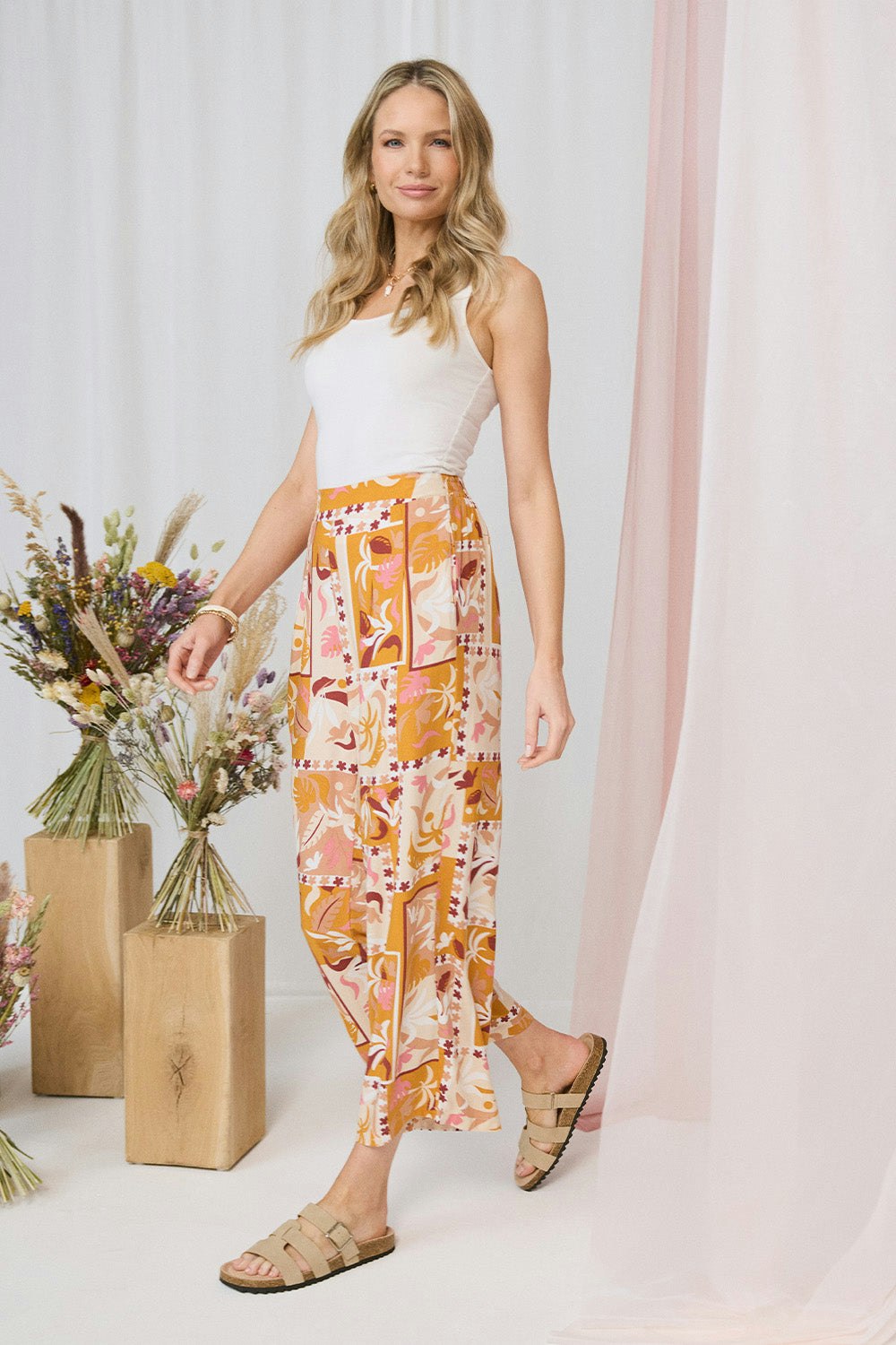 Izabel London Orange Patchwork Print High Waist Wide Leg Trousers - 8