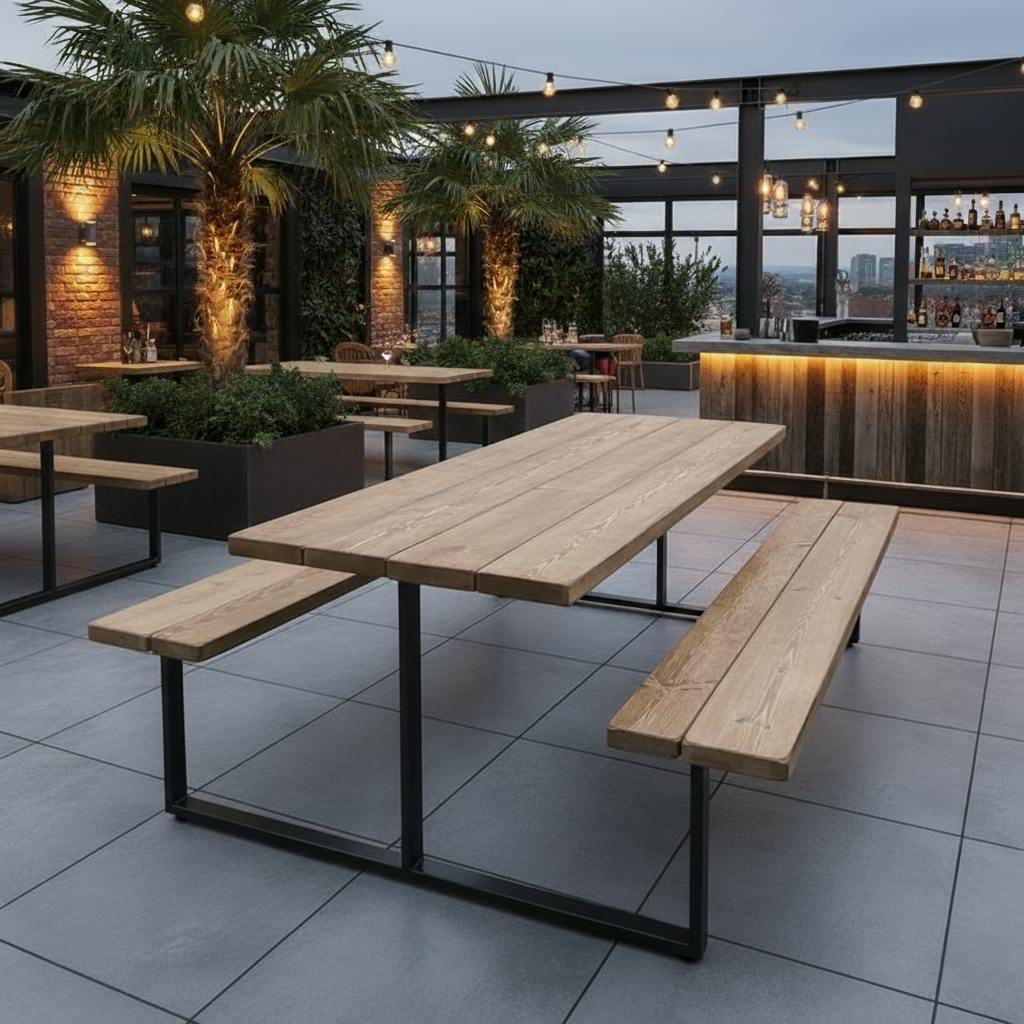 Rackhams Black Outdoor Slatted Picnic Table With Fixed Benches - 120