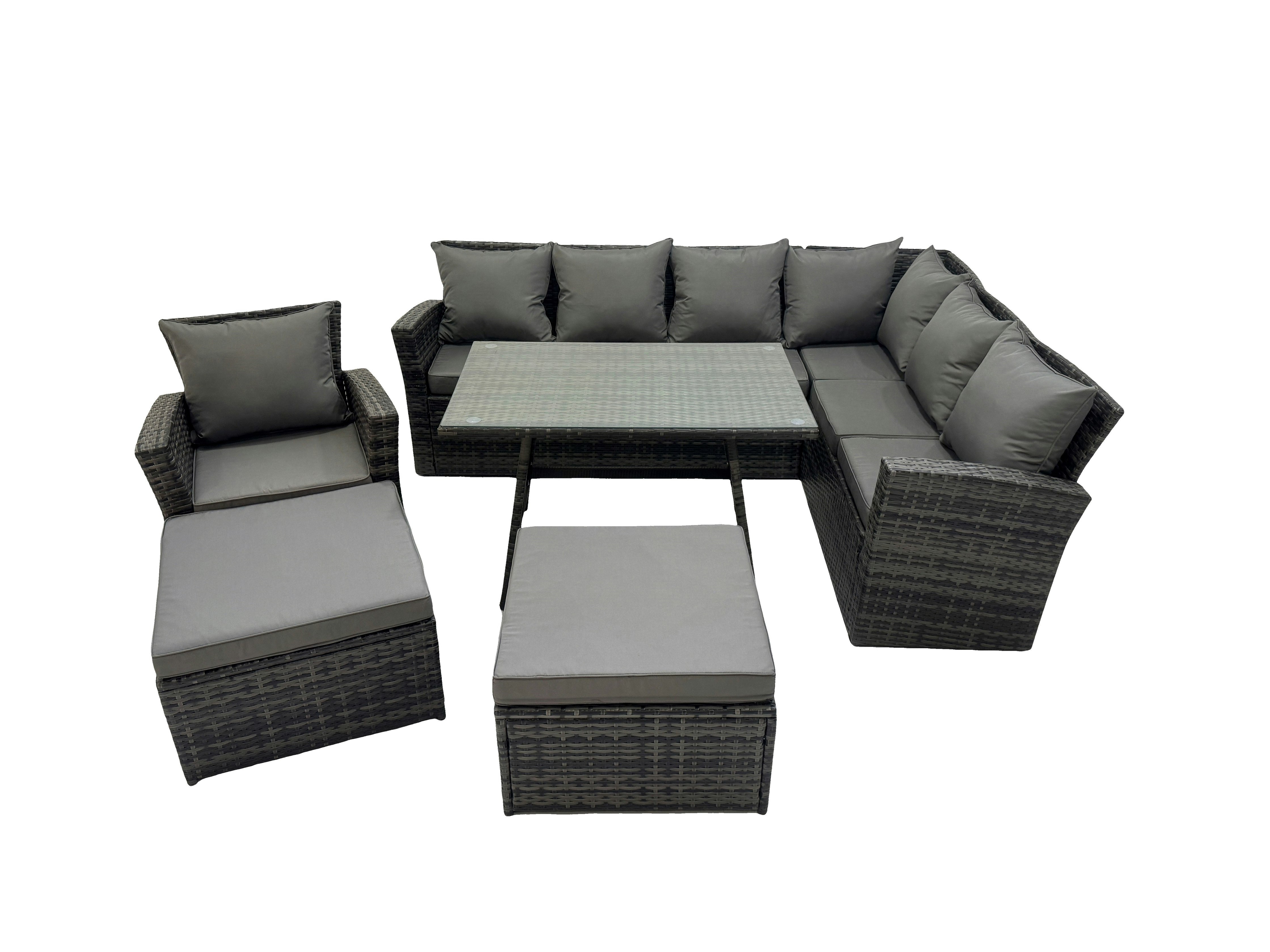 Rackhams Dark/Grey 9 Seater Garden Outdoor Rattan Furniture Set Rattan Corner Sofa Oblong Dining Table With Armchair 2 Big Footstools