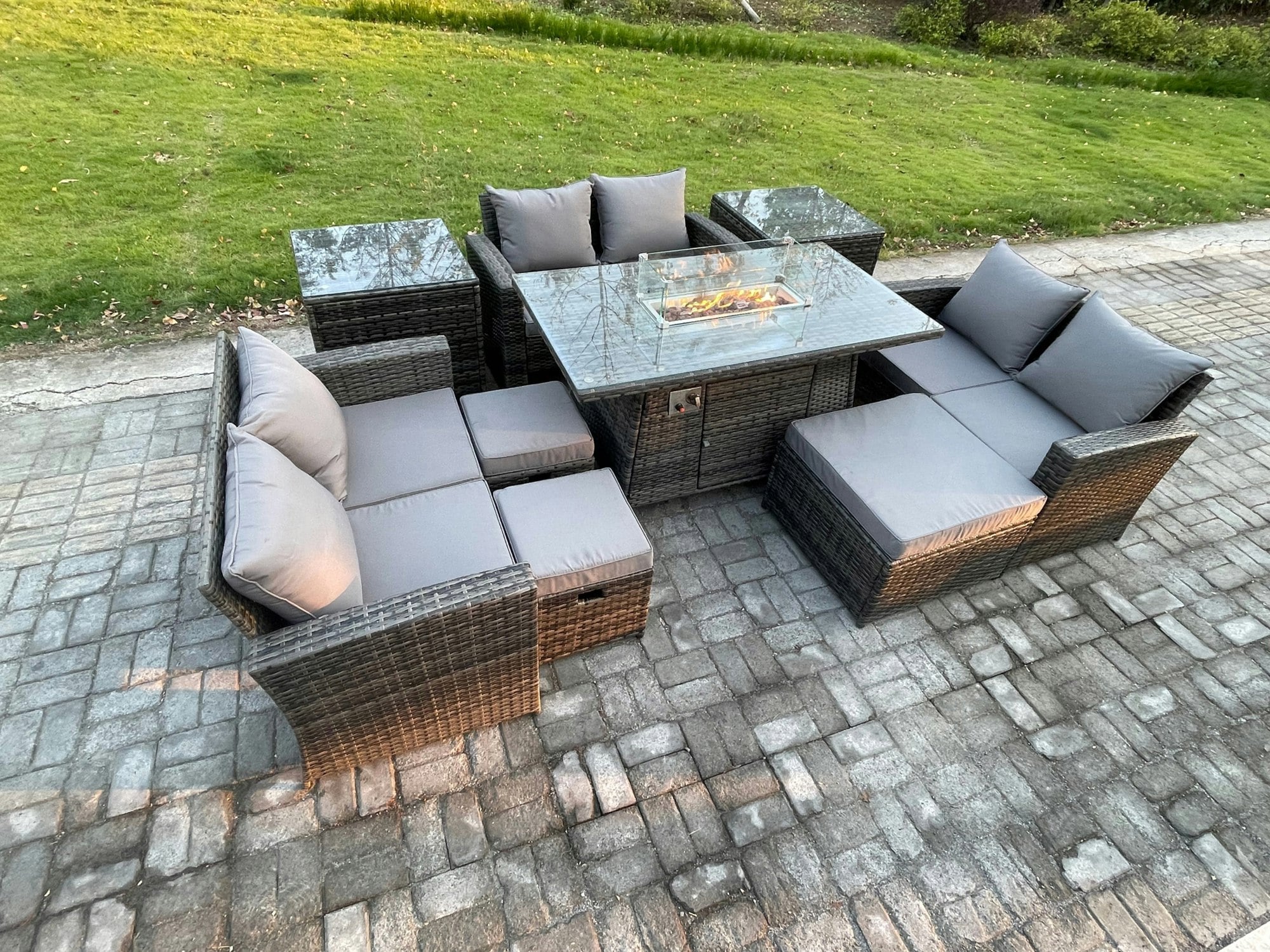 Fimous Dark/Grey High Back Rattan Garden Furniture Sofa Sets With Outdoor Furniture Gas Fire Pit Dining Table Set 3 Footstools 2 Side Tables Mixed