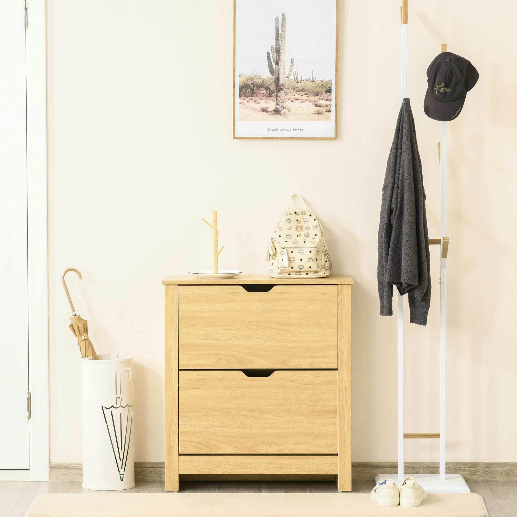 Rackhams Brown 12-Shoe Storage Cabinet 4 Shelves 2 Drawers Tabletop 4 Legs Modern