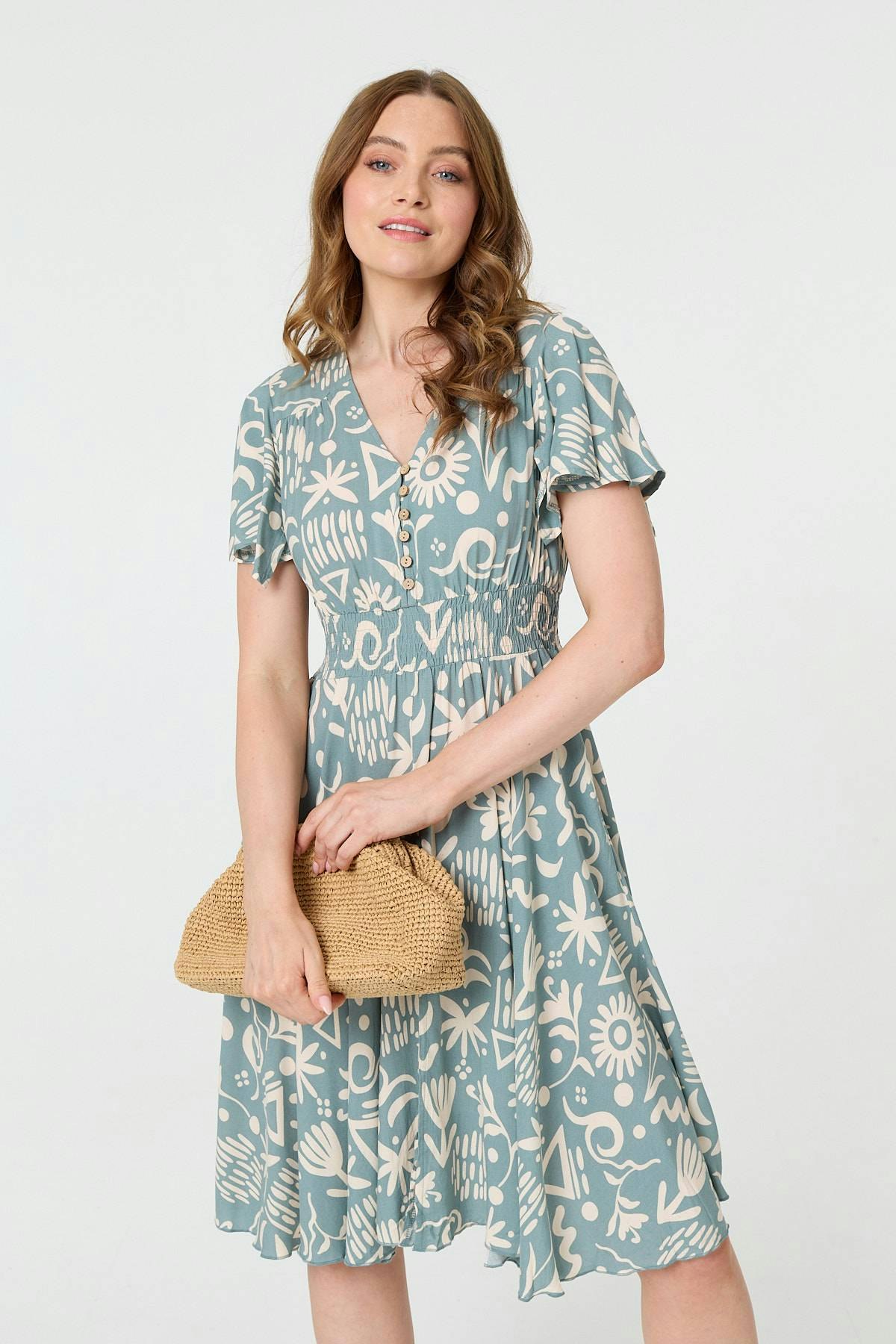 Izabel London Light Abstract Print Shirred Knee Length Dress - 8 - Sage