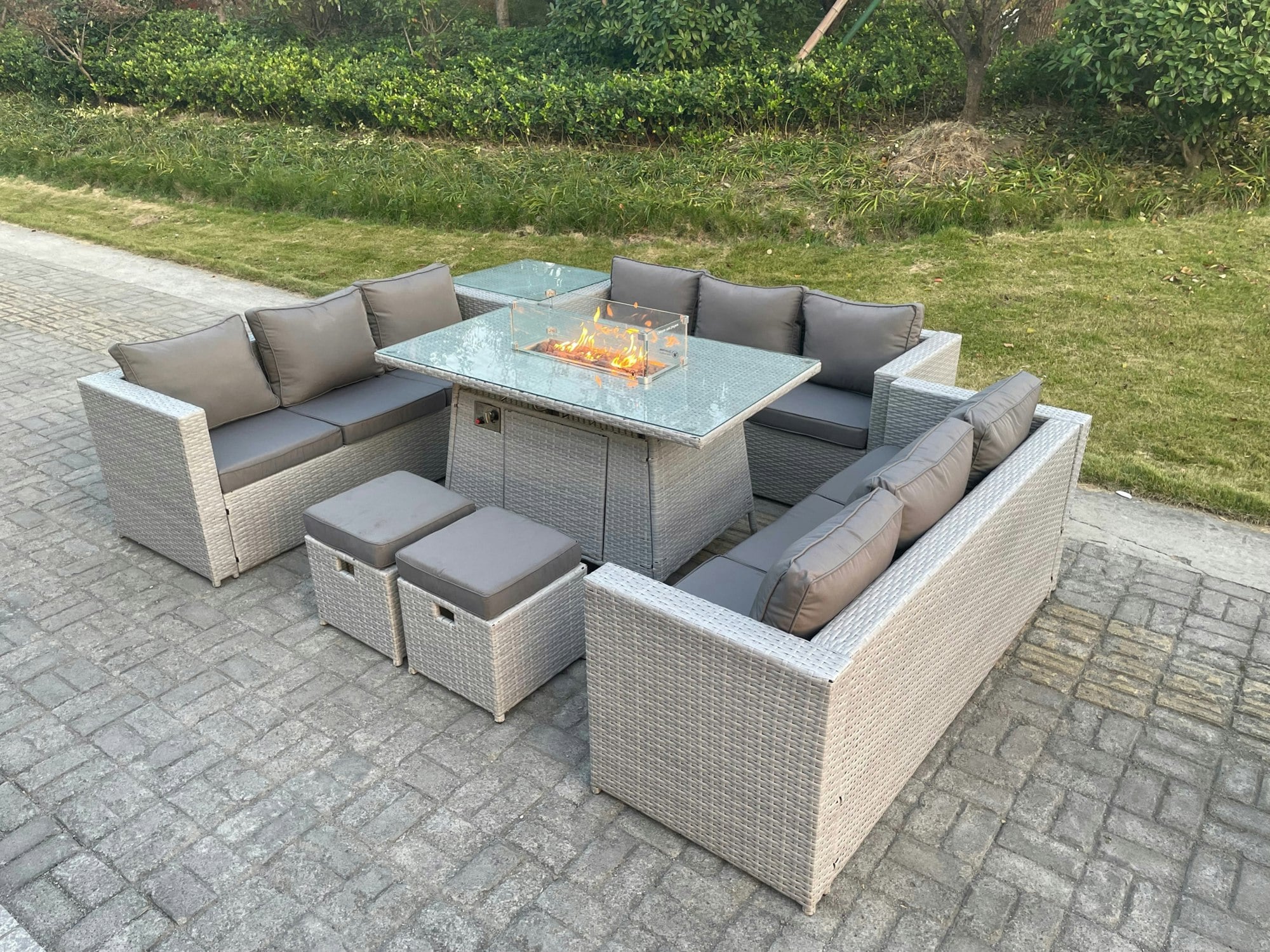 Rackhams Light/Grey Rattan Outdoor Garden Dining Set With Gas Heater Fire Pit Dining Table, 3 Sofas, 1 Side Table, 2 Footstools - 11 Seater
