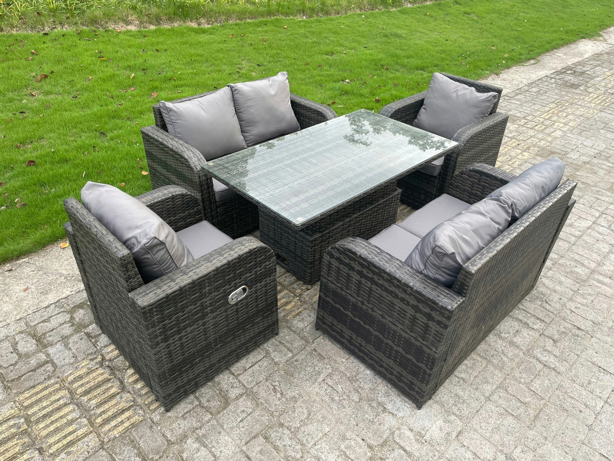Fimous Dark/Grey Outdoor Rattan Garden Furniture Sofa Set Dining Table Height Adjustable Rising Lifting Table Reclining Chairs Love Sofa 6 Seater