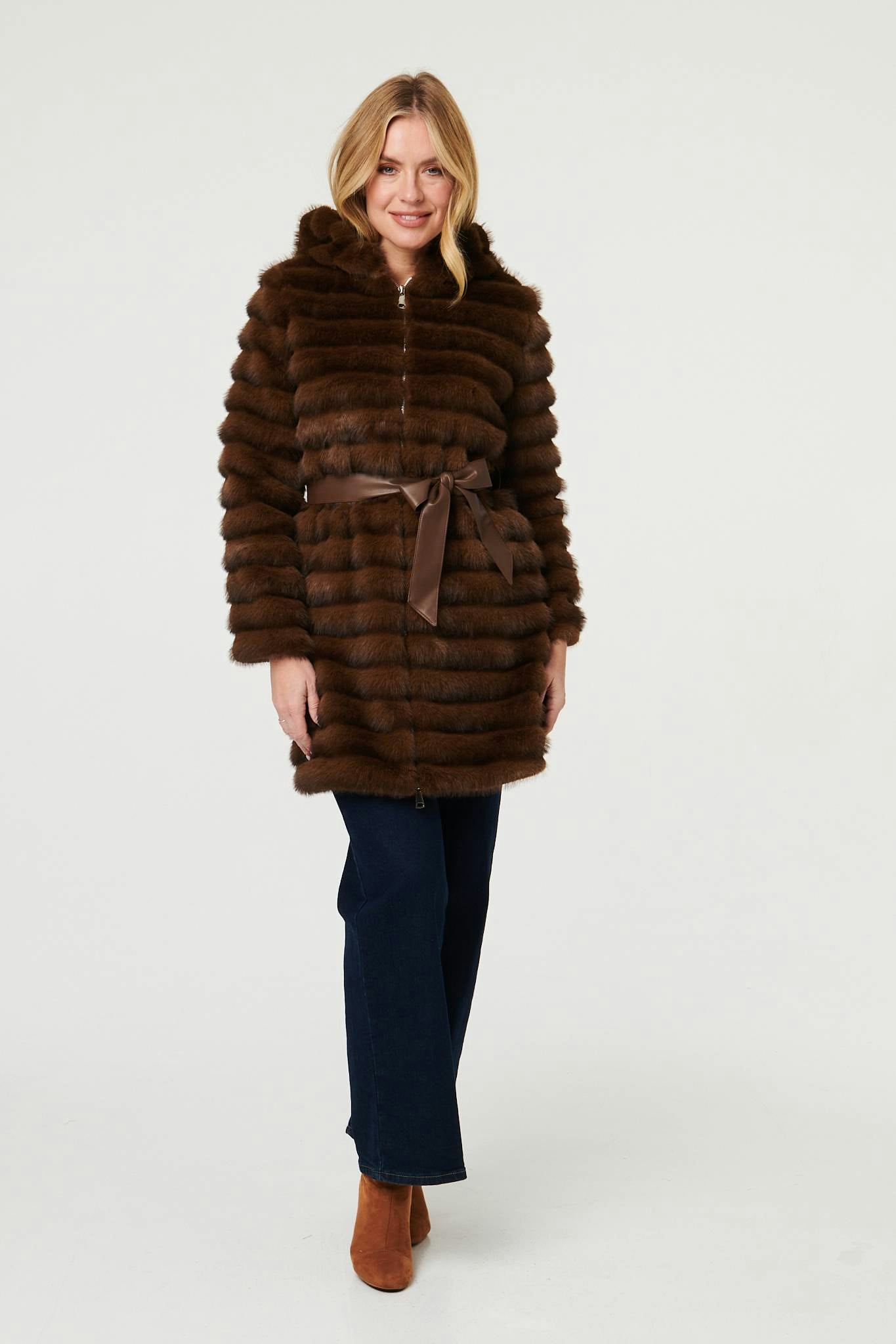 Izabel London Brown Faux Fur Striped Tie Waist Longline Coat - 12