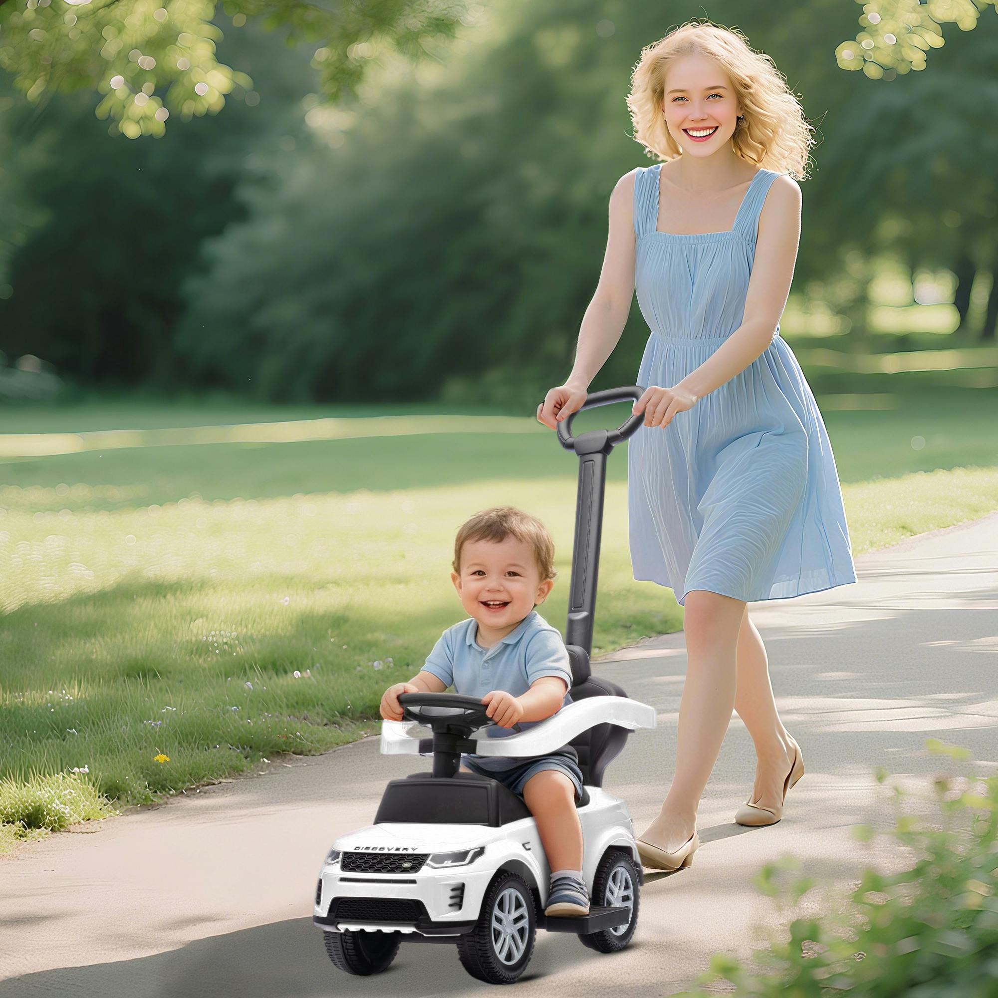 Aiyaplay White Land Rover Licensed Baby Push Car, 2-In-1 Ride On Car - 84L X 40W X 94.5H Cm
