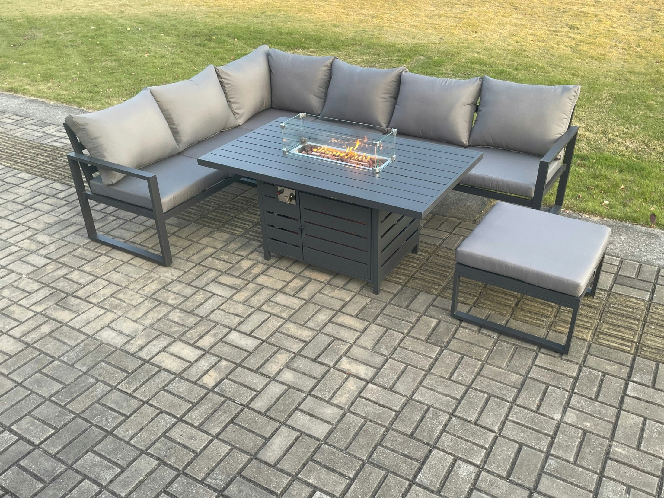 Fimous Dark/Grey Aluminium Outdoor Garden Furniture Corner Sofa Gas Fire Pit Dining Table Sets Gas Heater Burner With Big Footstool 7 Seater