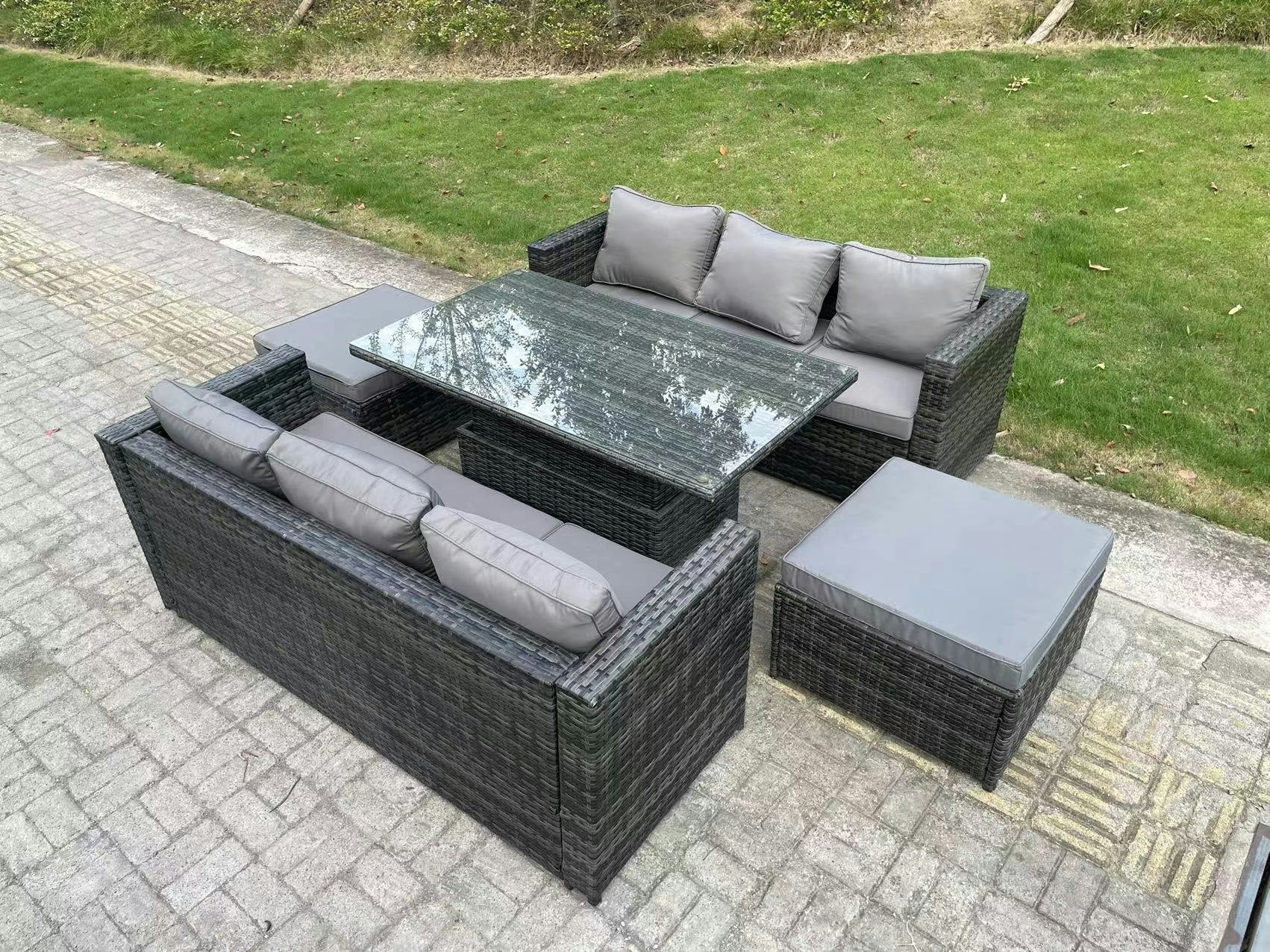 Fimous Dark/Grey 8 Seater Wicker Pe Rattan Sofa Garden Furniture Set Outdoor Adjustable Rising Lifting Dining Table Set With 2 Big Footstools Mixed