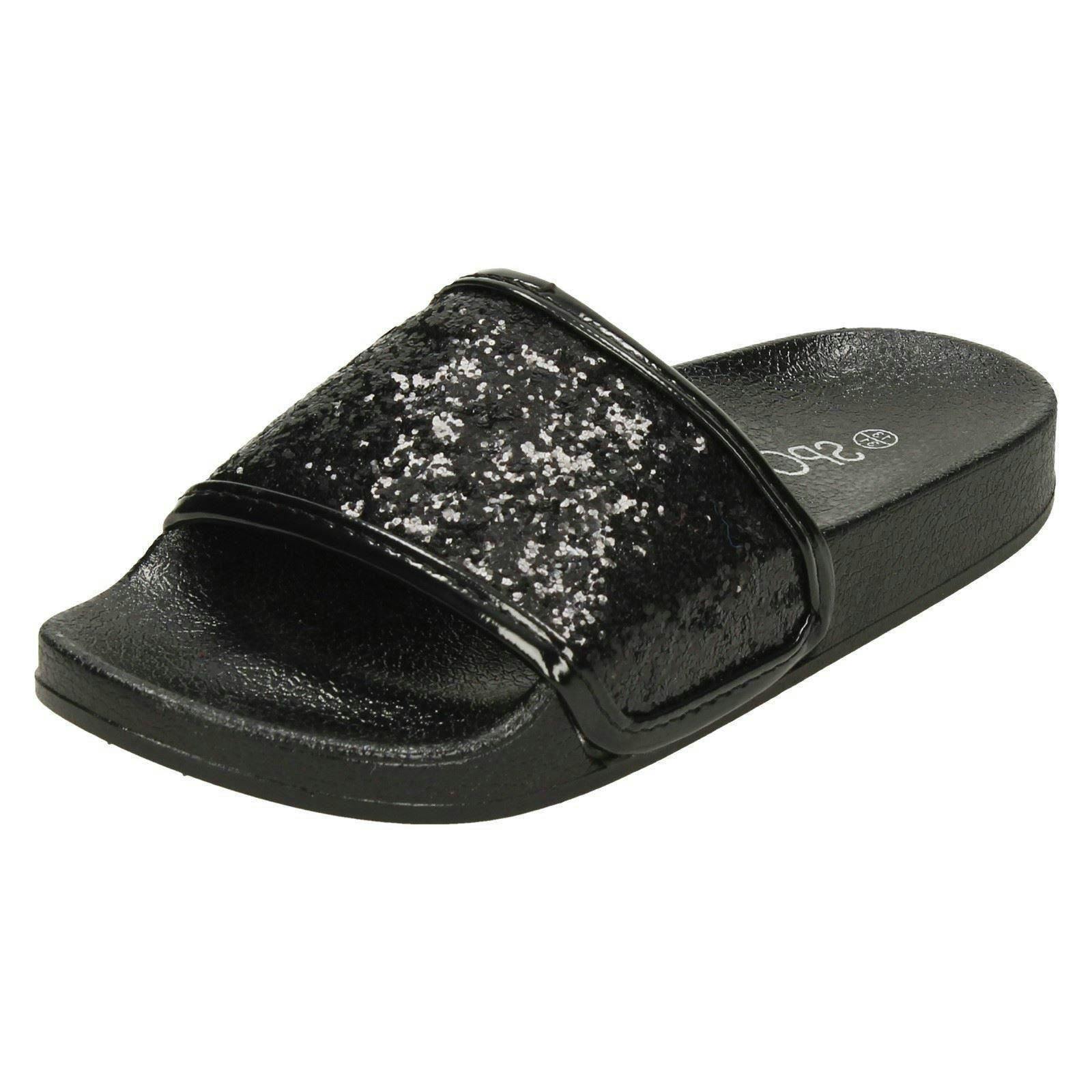 Spot On Girls Black Glitter Vamp Sliders - Uk 12 Child