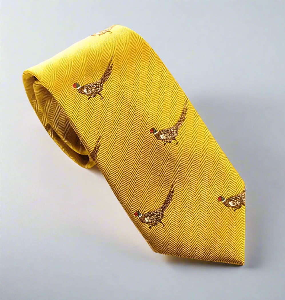 Claudio Lugli Gold Walking Pheasant Country Silk Neck-Tie By Van Buck