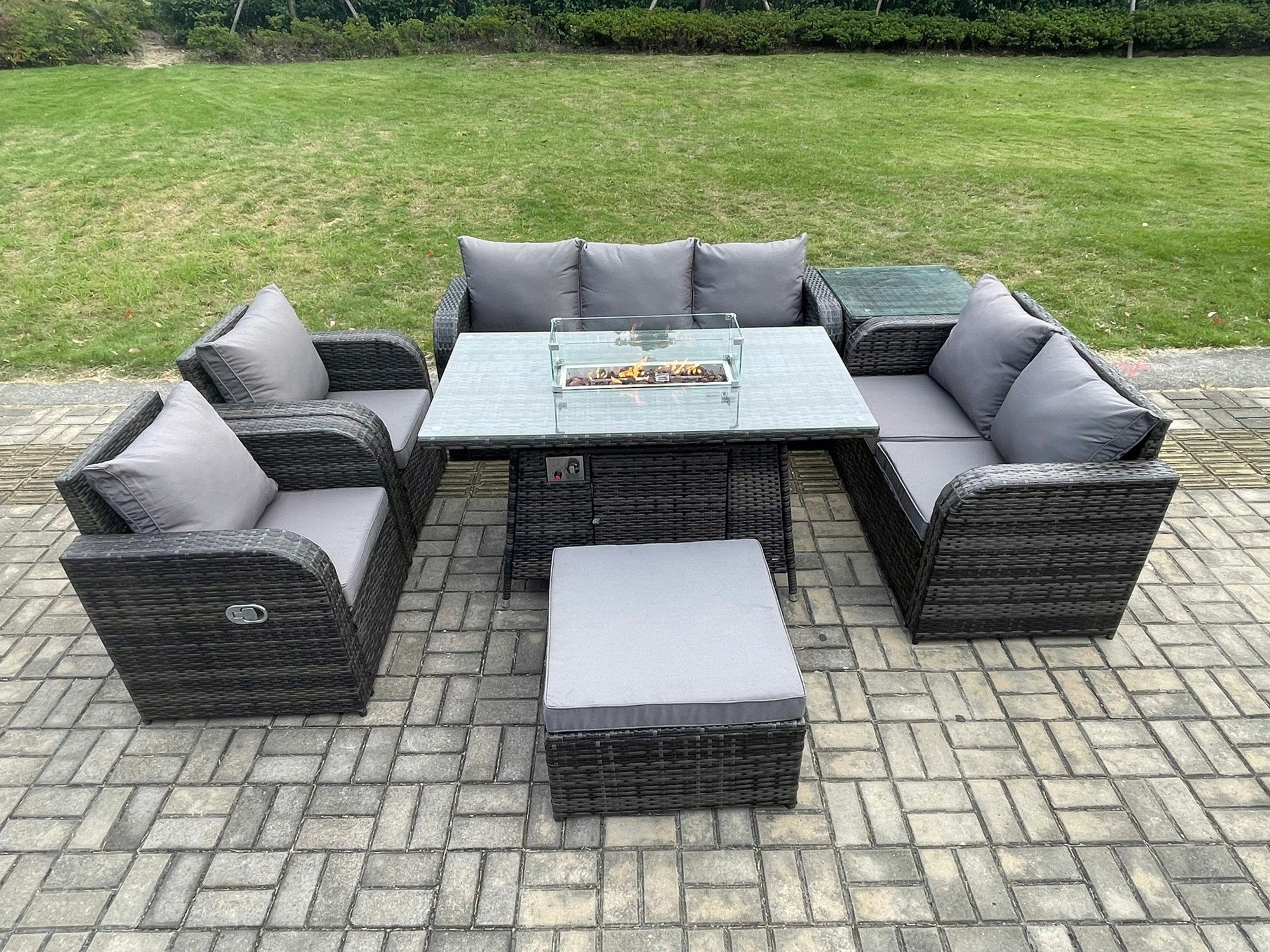 Rackhams Dark/Grey Pe Wicker Outdoor Rattan Garden Furniture Set Propane Gas Fire Pit Table And Sofa Chair Set With Side Table Big Footstool