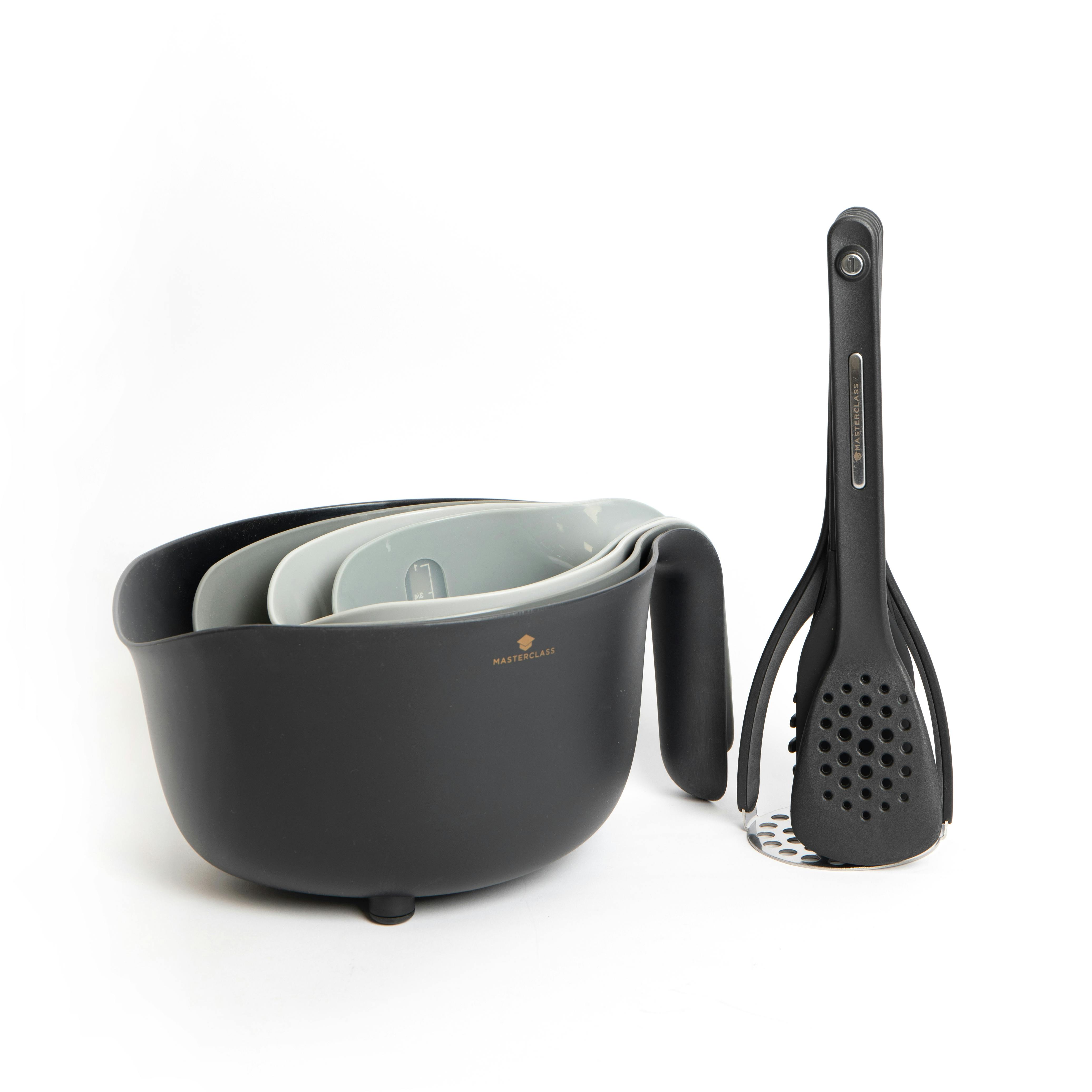 Rackhams Black 9Pc Kitchen Tools Bundle With Mixing Bowl, Colander, Measuring Jugs, 2X Spatulas, Cooking Spoon, Pasta Server & Masher - Polypropylene And Nylon - Utensils