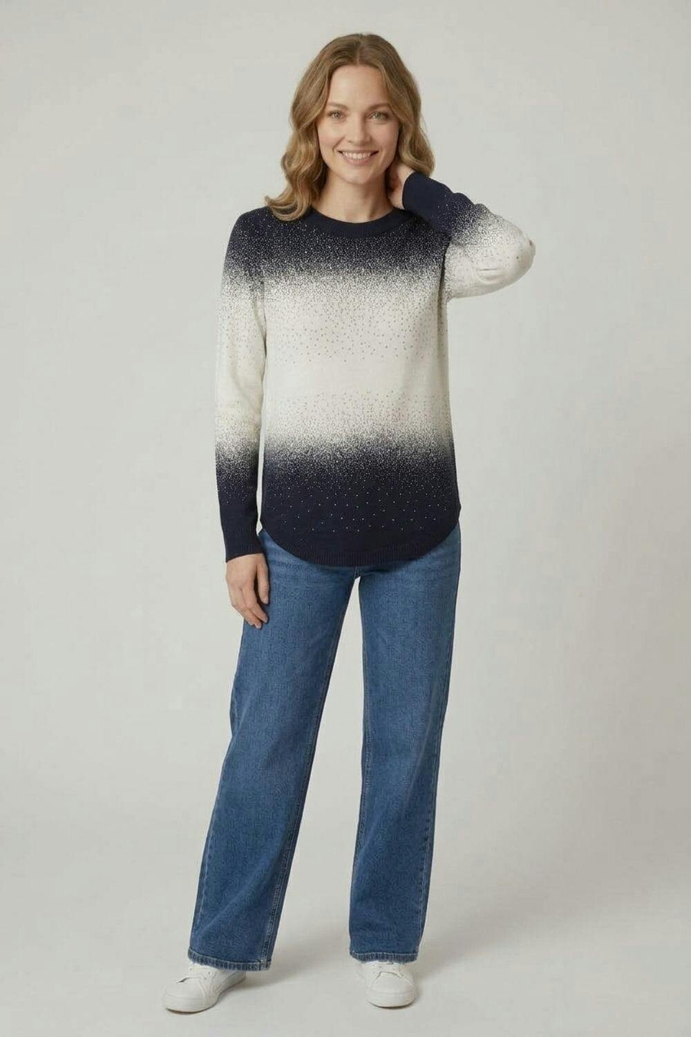 Izabel London Women's Navy Printed Long Sleeve Curve Hem Top In Size 8 - Image 2