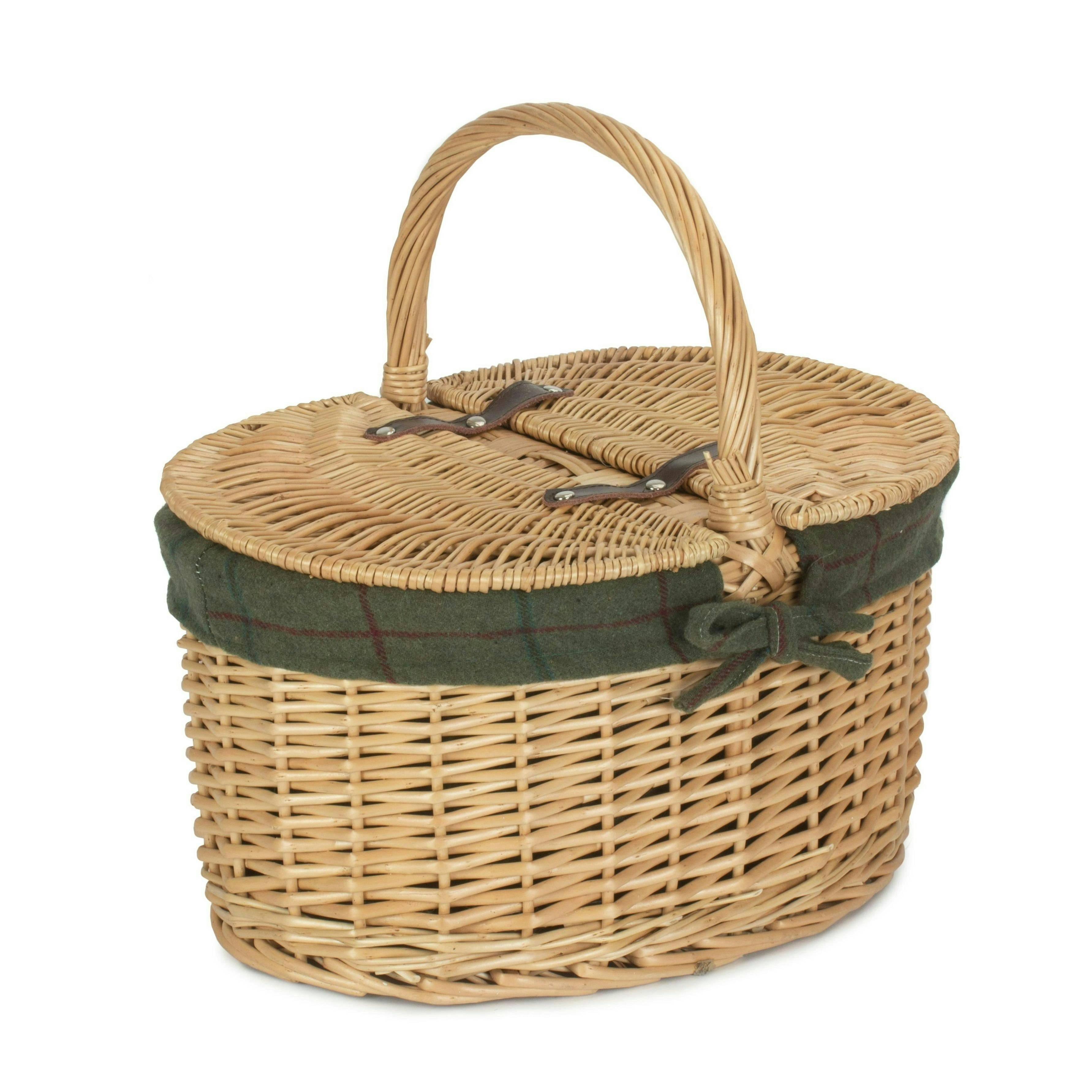 Rackhams Green Cotton Lined Buff Oval Picnic Basket - One Size