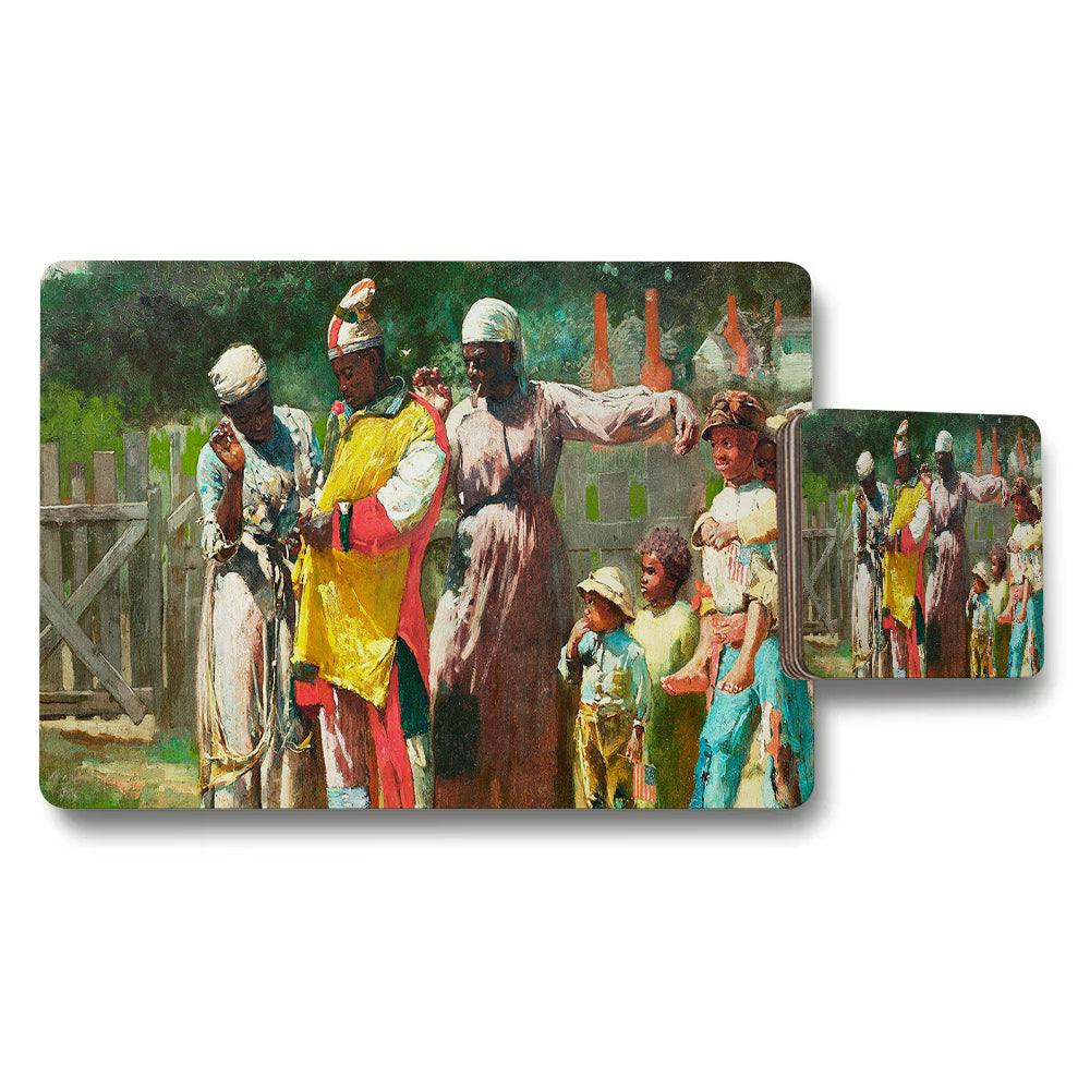 Benjamin Tate Design Placemat And Coaster Set With Vintage African Village Scene Artwork