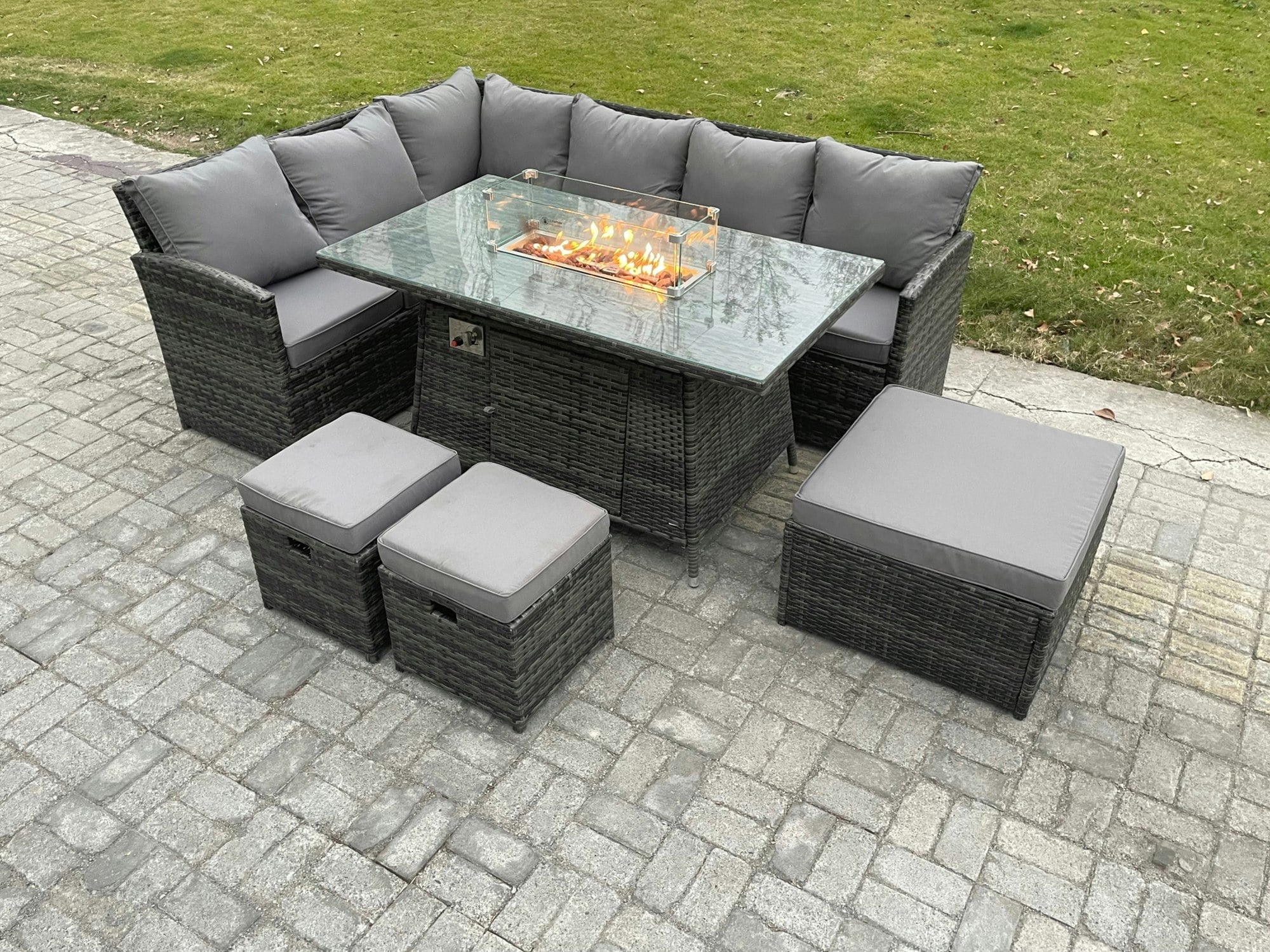 Fimous Dark/Grey Rattan Garden Furniture High Back Corner Sofa Gas Fire Pit Dining Table Sets Gas Heater With 3 Footstools 9 Seater Mixed