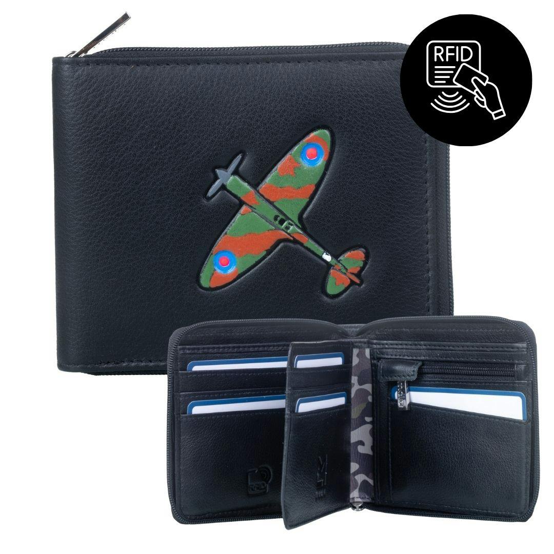 Mala Leather Black Spitfire Plane Zip Around Wallet- Rfid Protected