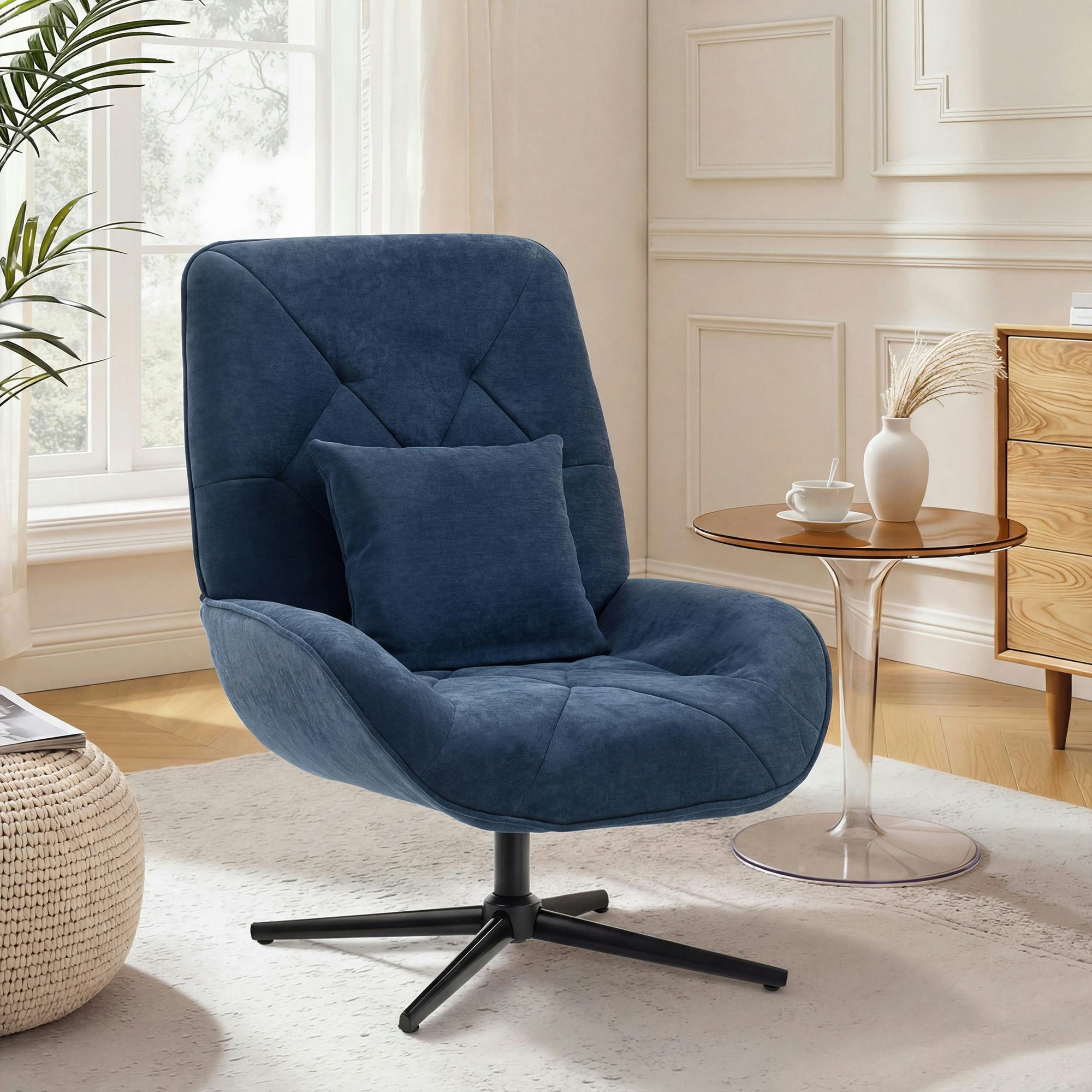 Rackhams Dark/Blue Swivel Accent Chair, Chenille Armchair With Lumbar Pillow