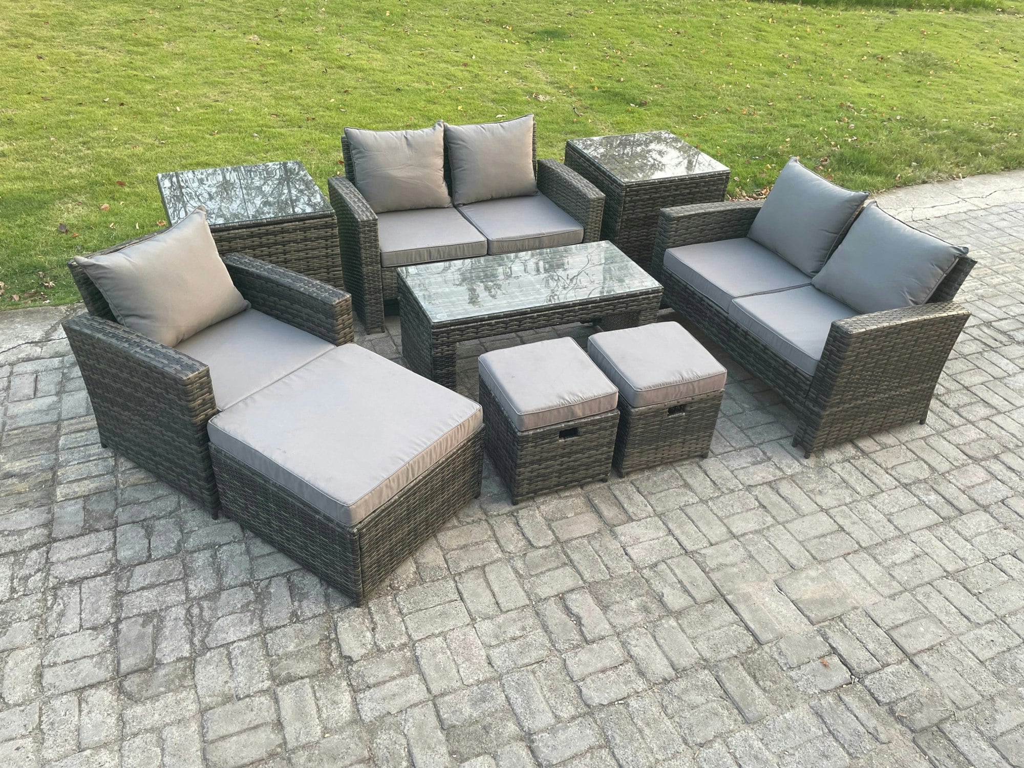 Fimous Dark/Grey 8 Seater Outdoor Rattan Patio Furniture Set Garden Lounge Sofa Set With 2 Side Tables 3 Footstools Coffee Table Mixed