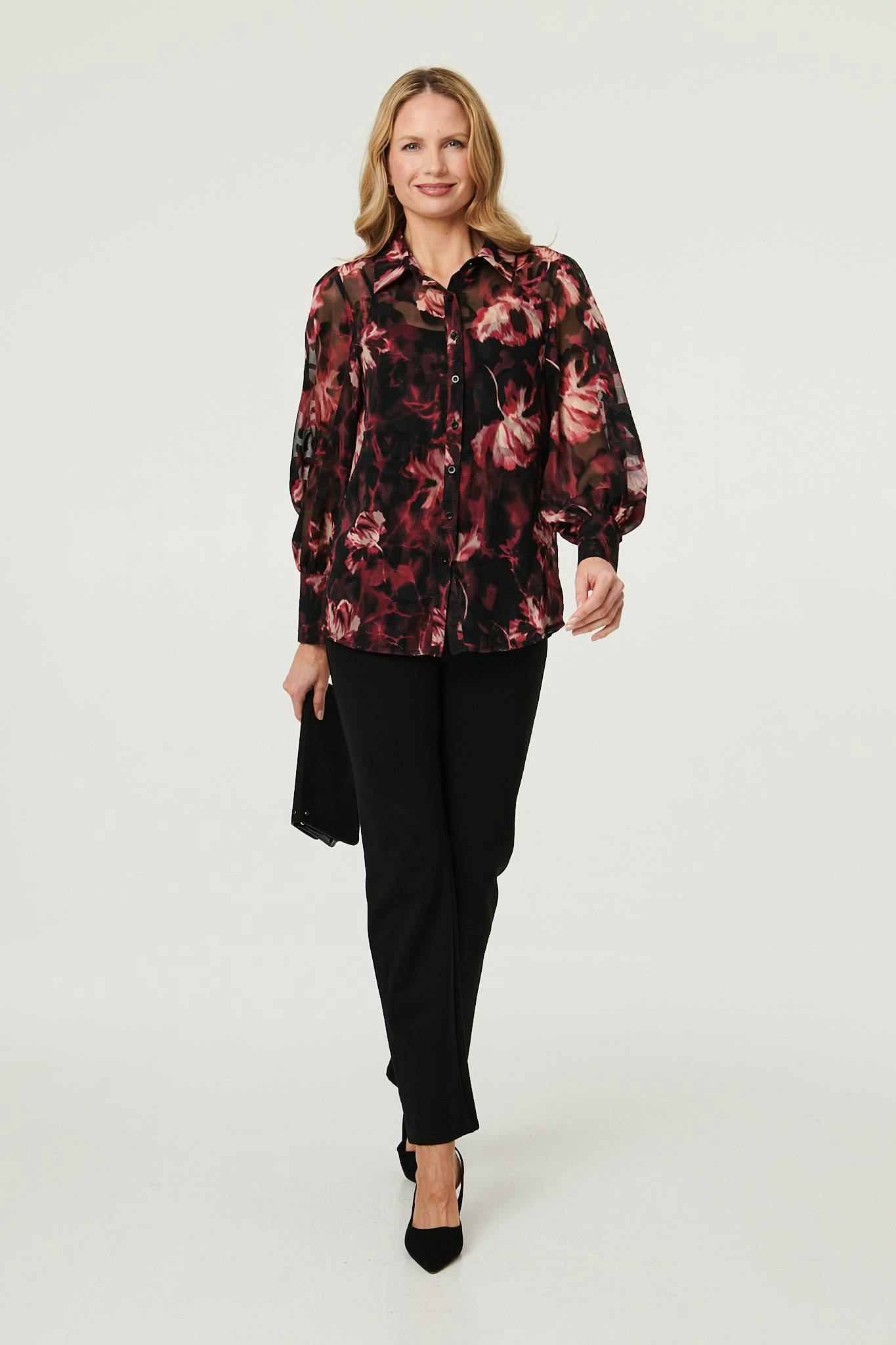 Izabel London Black Floral Semi Sheer Balloon Sleeve Shirt - 10