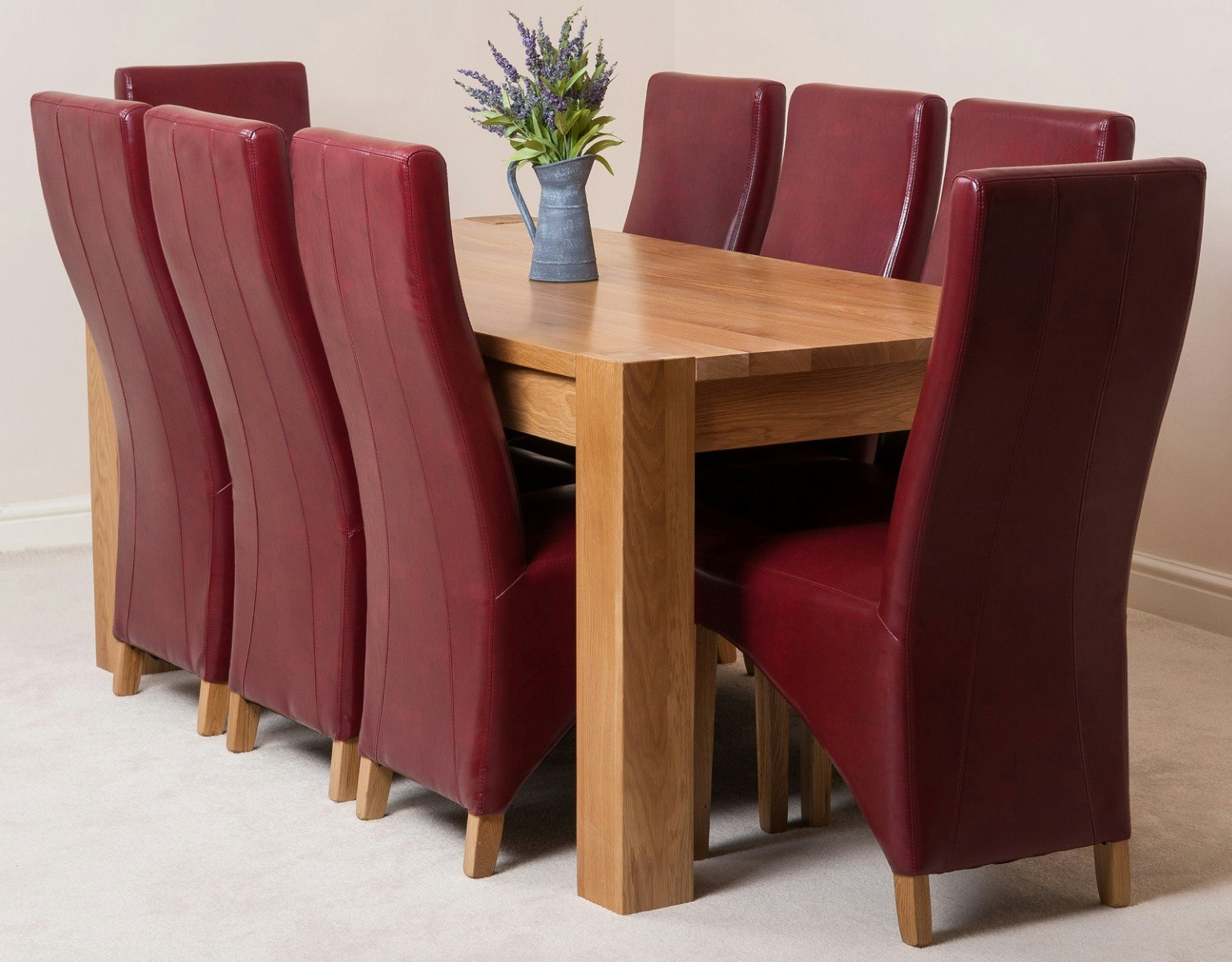 Rackhams Burgundy Kuba Large Oak Dining Table With 8 Lola Leather Chairs - 1 - 8 Chairs